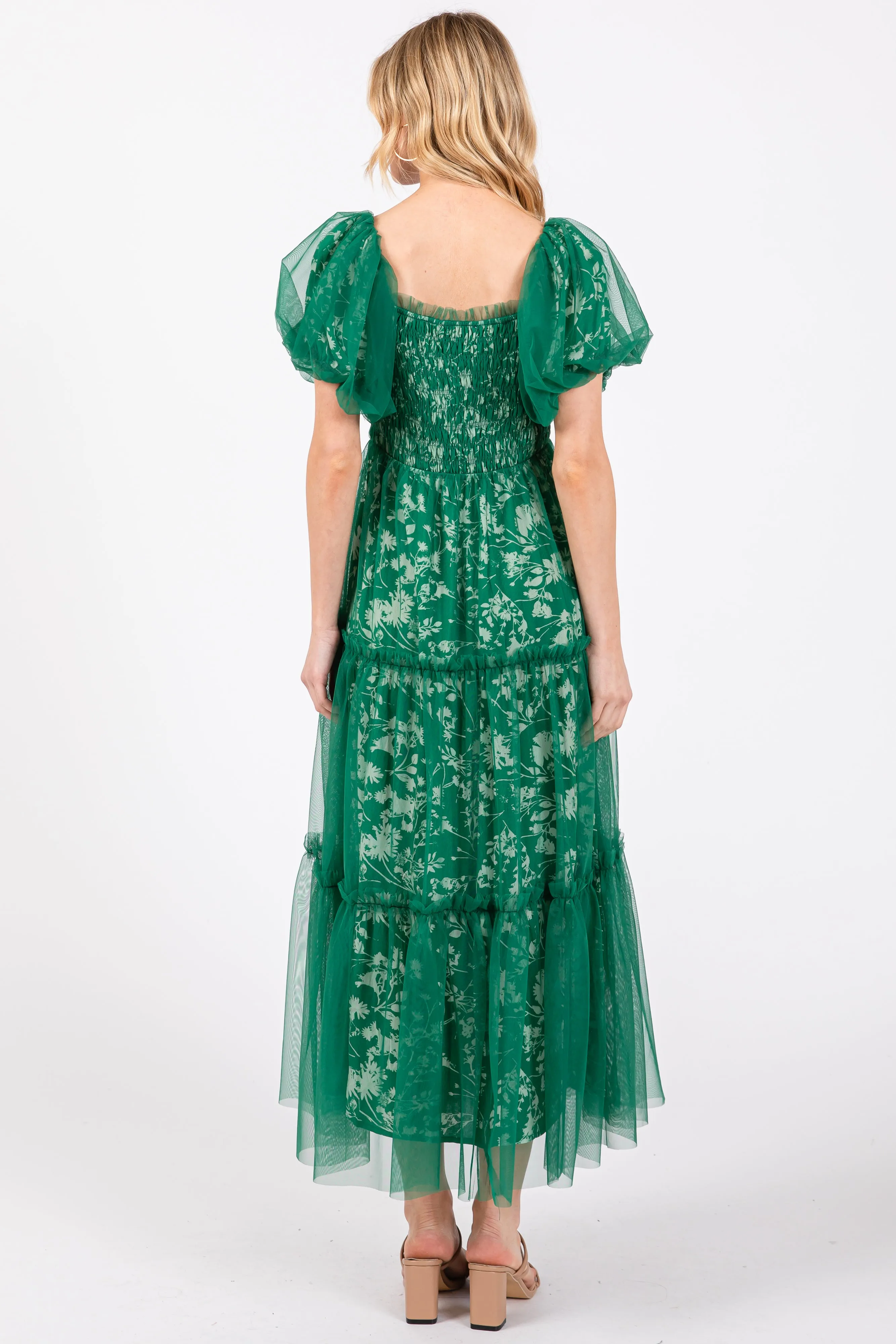 Forest Green Floral Lined Smocked Tulle Midi Dress sold by Pinkblush product image thumbnail 3