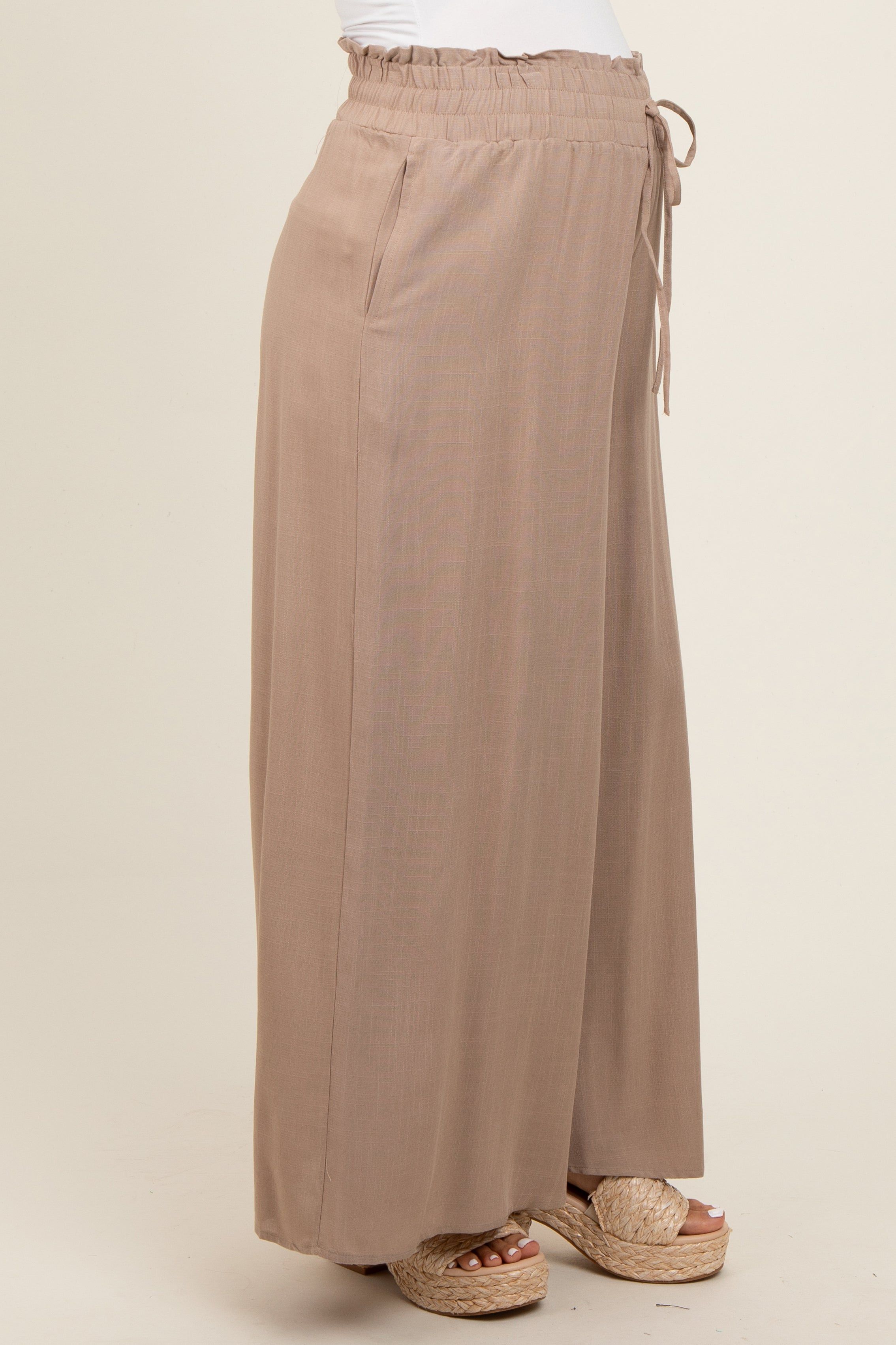 Taupe Wide Leg Smocked Lightweight Maternity Pants sold by Pinkblush product image thumbnail 4
