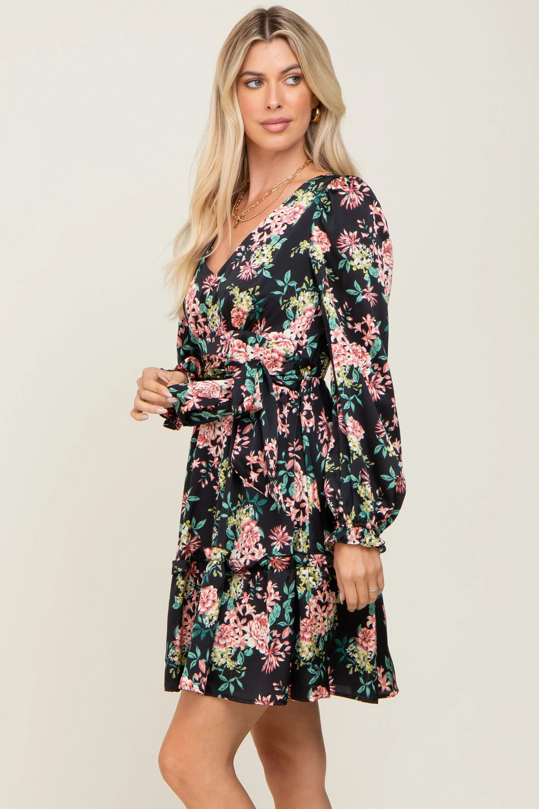 Black Floral V-Neck Satin Dress sold by Pinkblush product image thumbnail 2