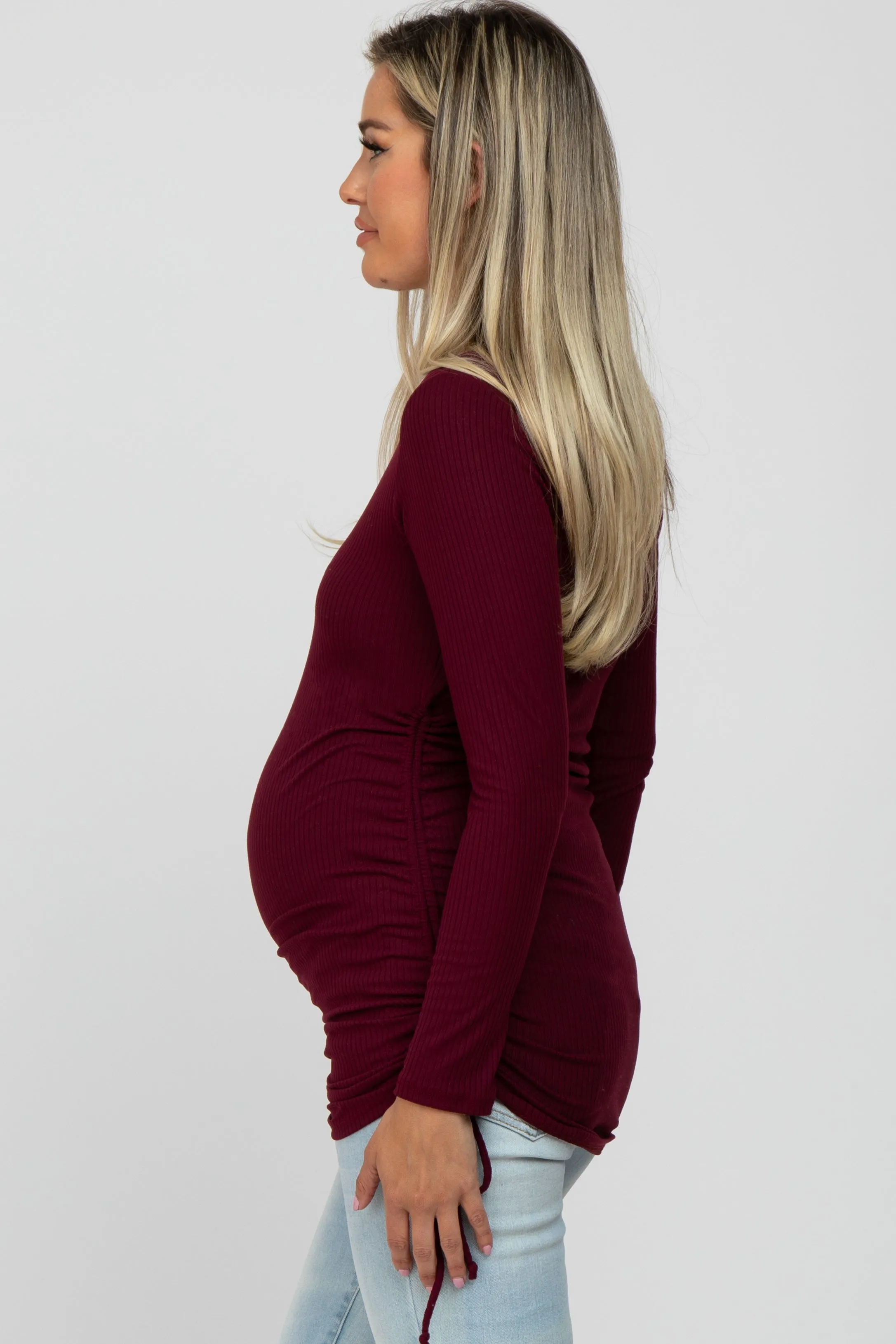 Burgundy Ribbed Ruched Tie Maternity Top sold by Pinkblush product image thumbnail 3
