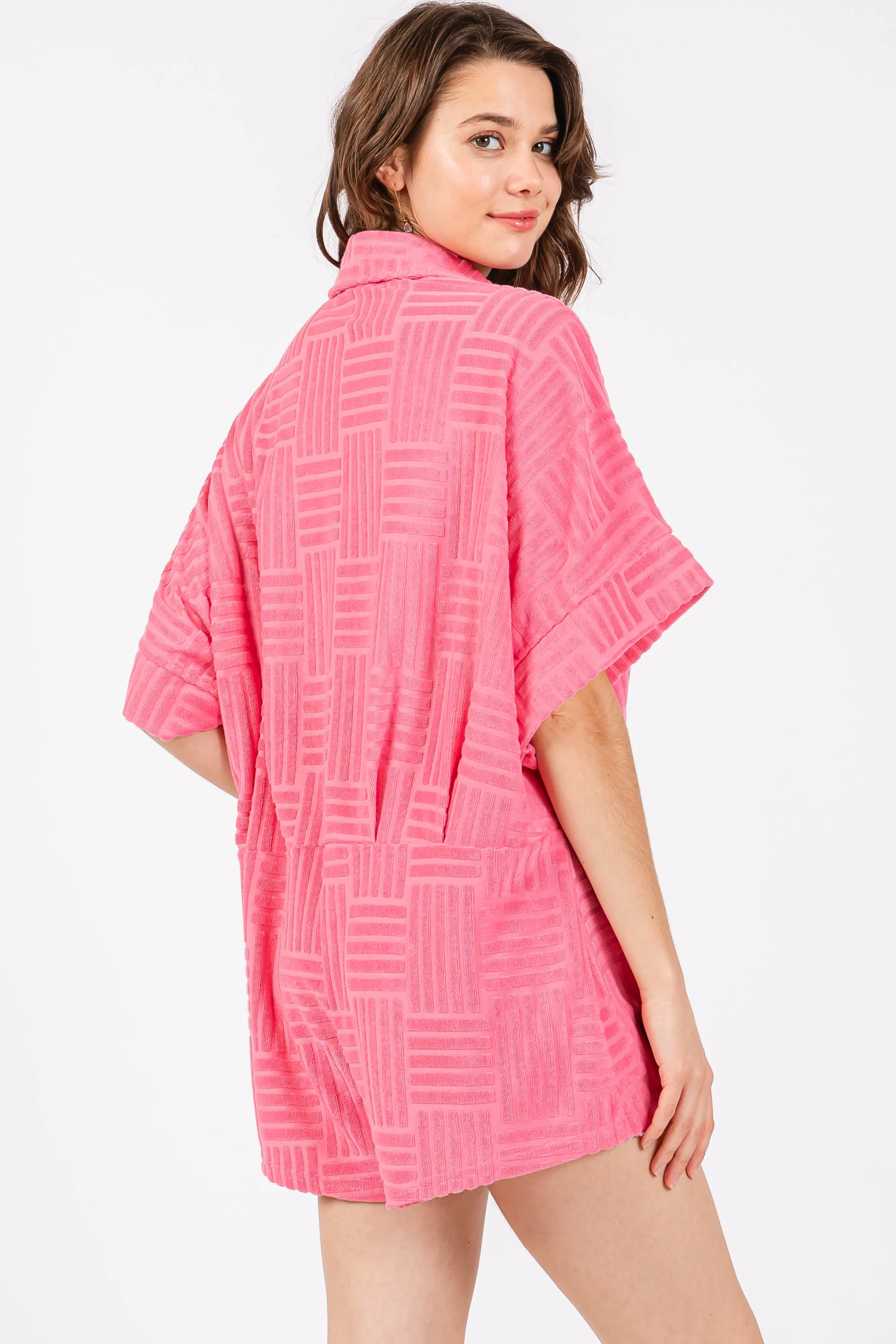 Fuchsia Textured Button Front Short Sleeve Romper sold by Pinkblush product image thumbnail 3