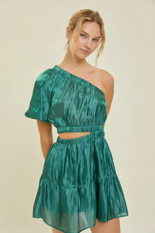 Hunter Green Puff Sleeve Mini Dress sold by Pinkblush