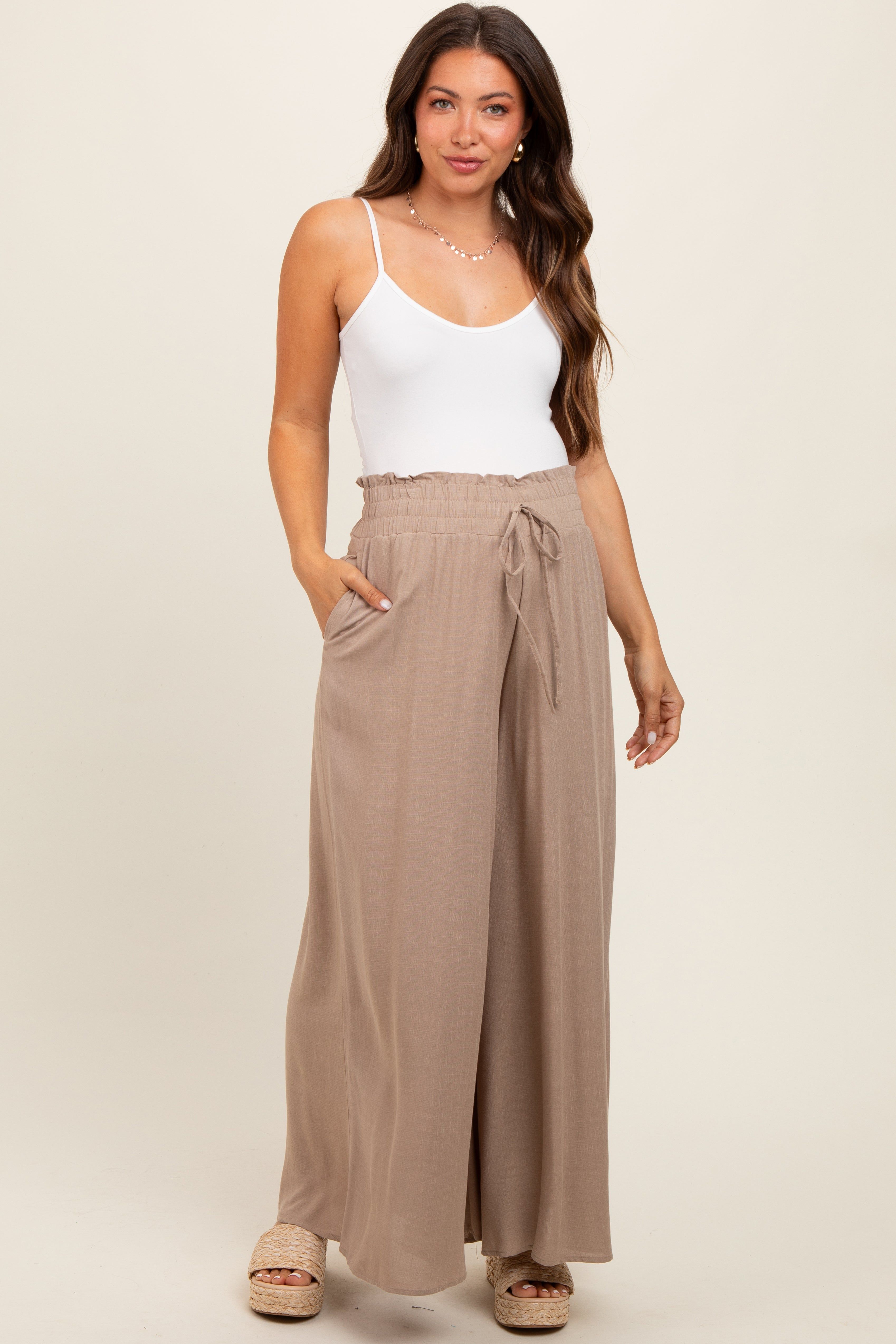 Taupe Wide Leg Smocked Lightweight Maternity Pants sold by Pinkblush product image thumbnail 2