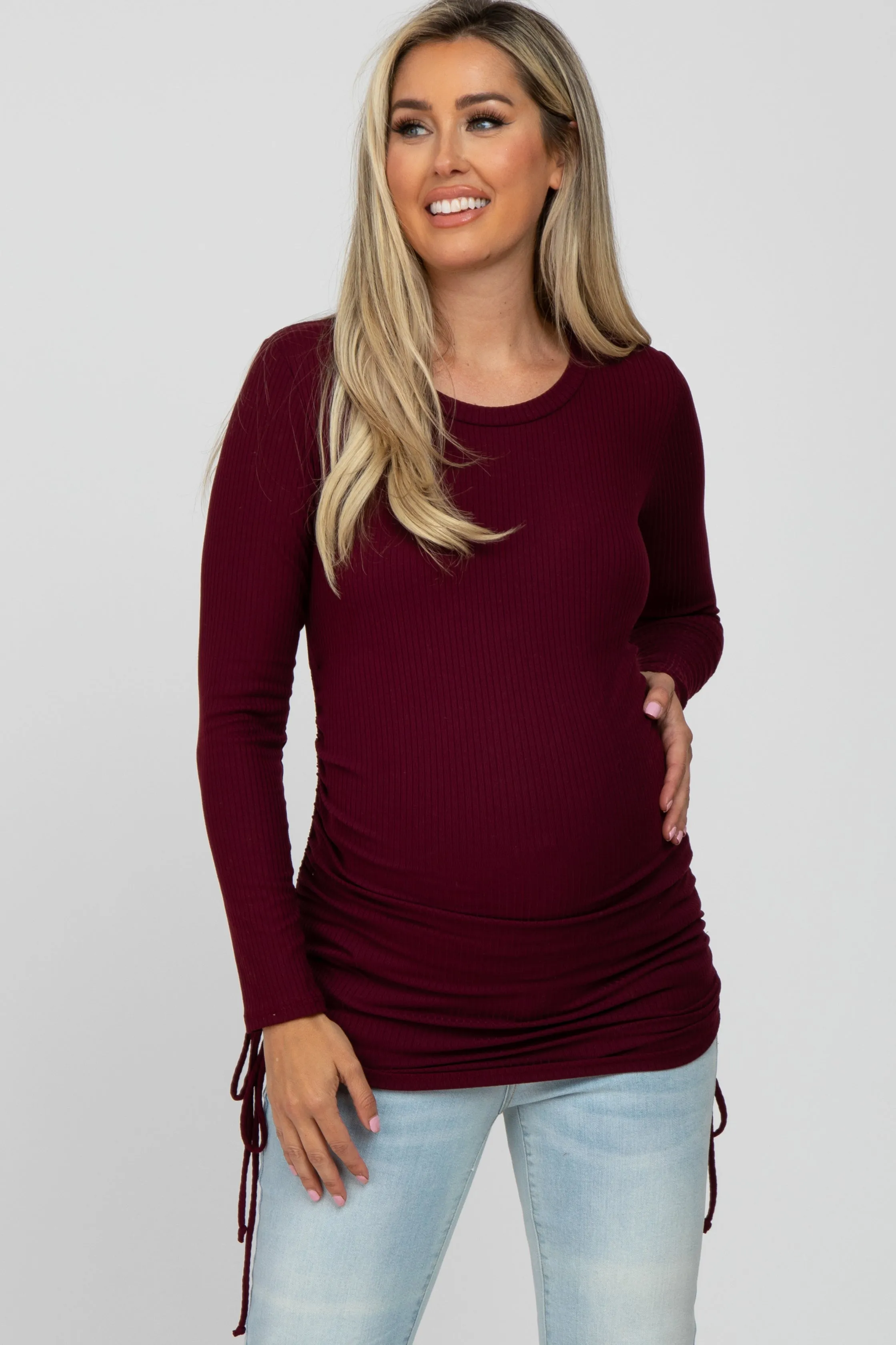 Burgundy Ribbed Ruched Tie Maternity Top sold by Pinkblush