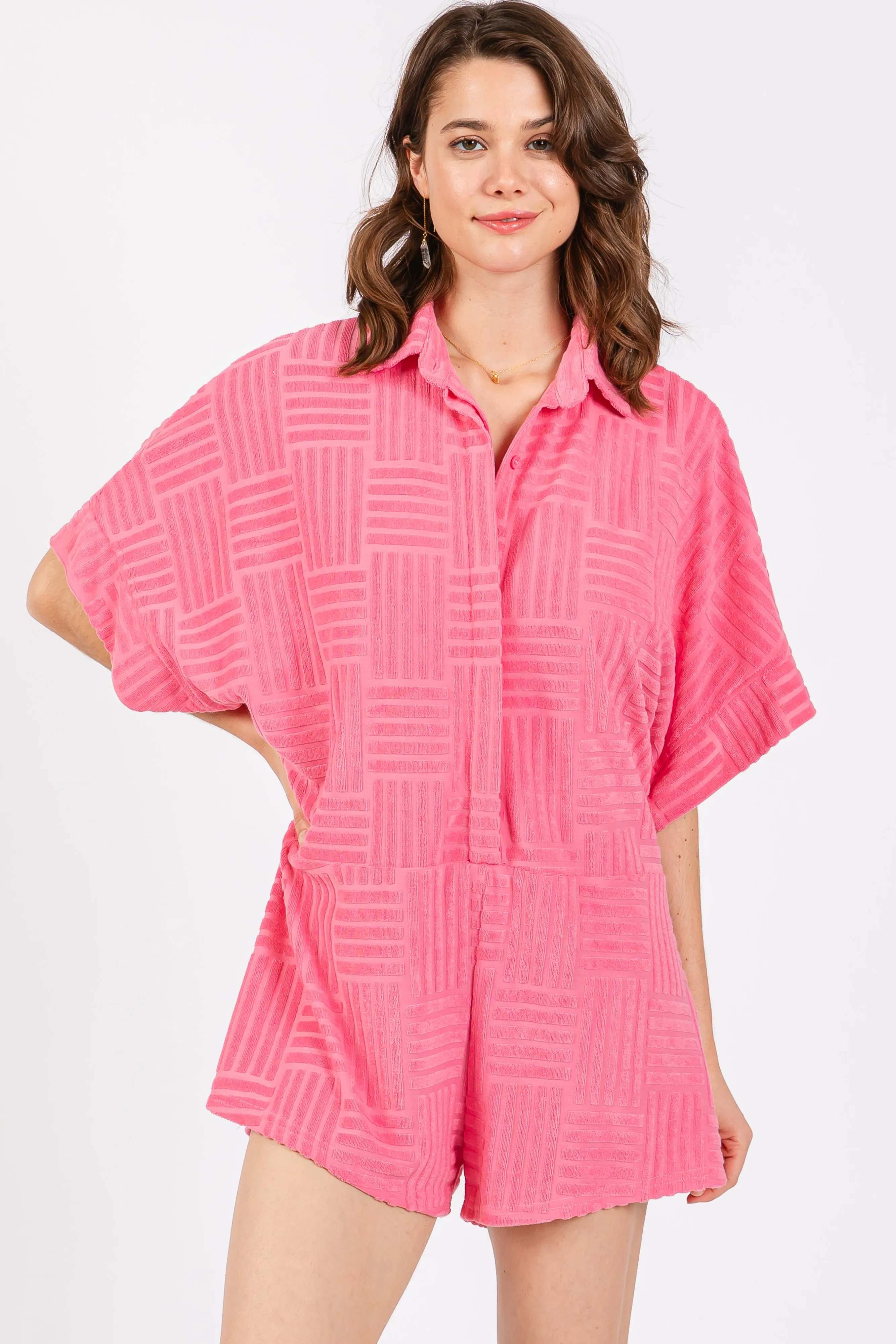 Fuchsia Textured Button Front Short Sleeve Romper sold by Pinkblush
