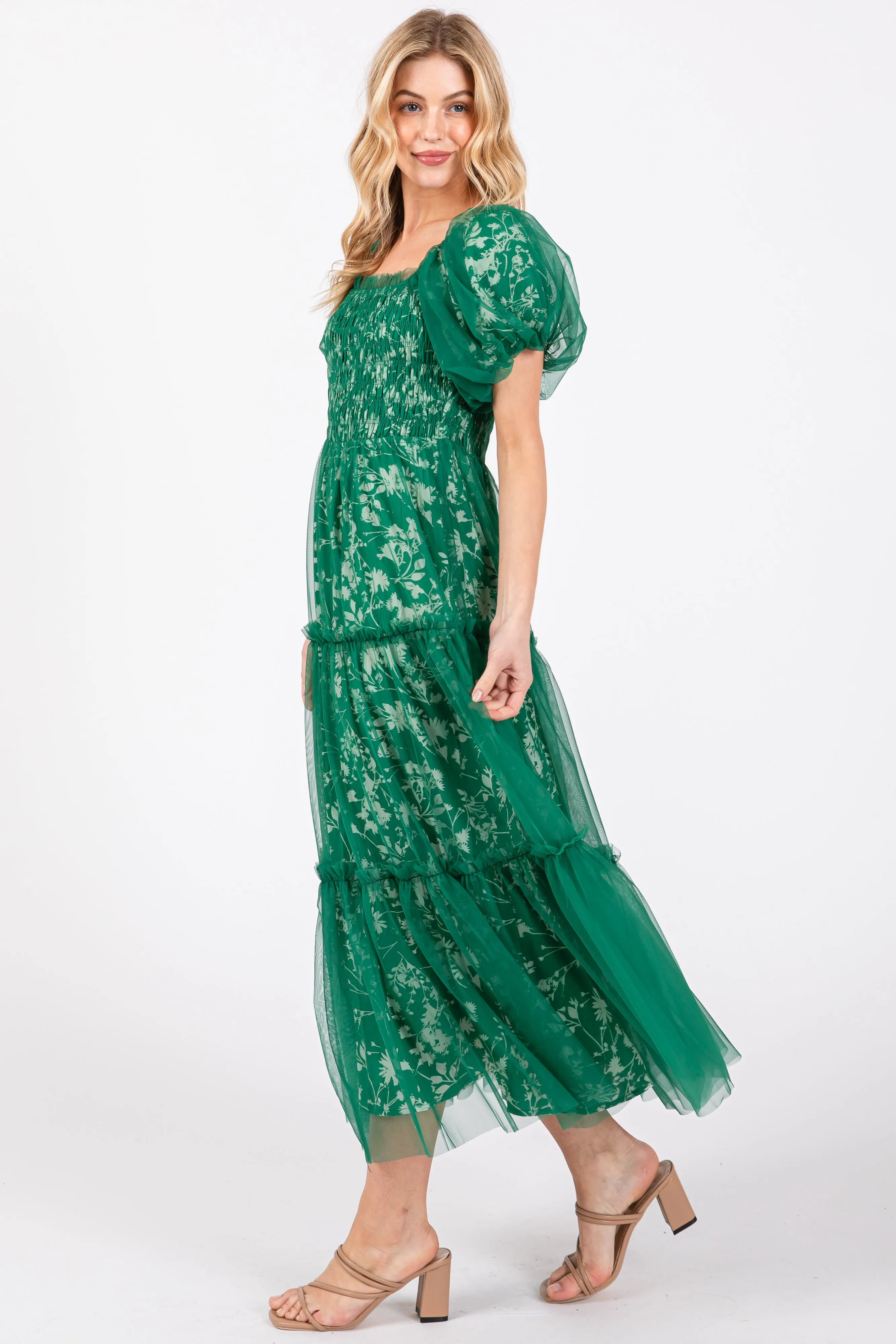 Forest Green Floral Lined Smocked Tulle Midi Dress sold by Pinkblush product image thumbnail 2