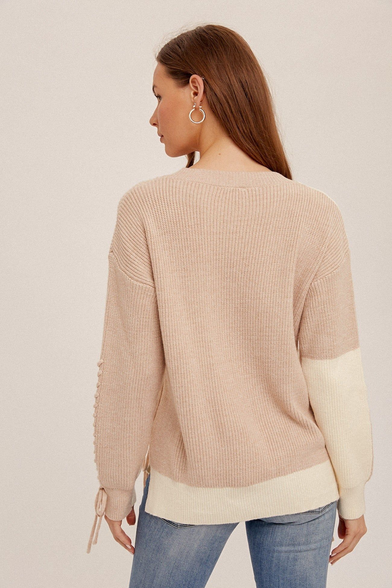 Taupe Color Block Sweater With Lace-Up Detail sold by Pinkblush product image thumbnail 3