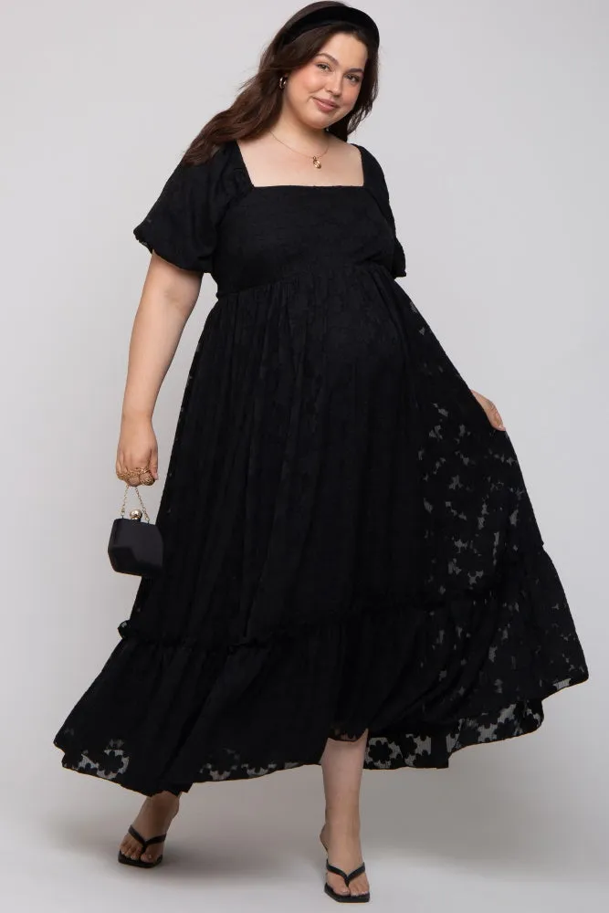 Black Floral Chiffon Smocked Square Neck Maternity Plus Maxi Dress sold by Pinkblush