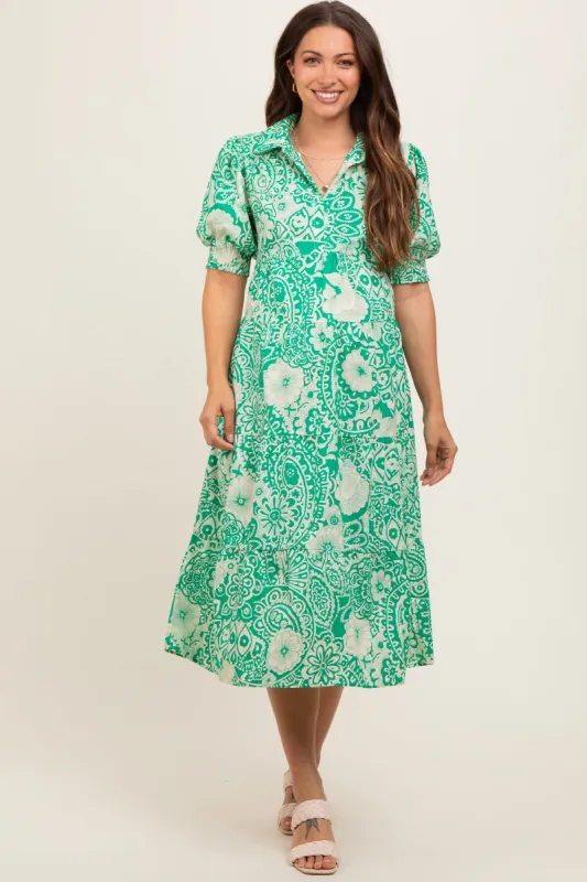 Emerald Green Floral Collared Tiered Maternity Midi Dress sold by Pinkblush