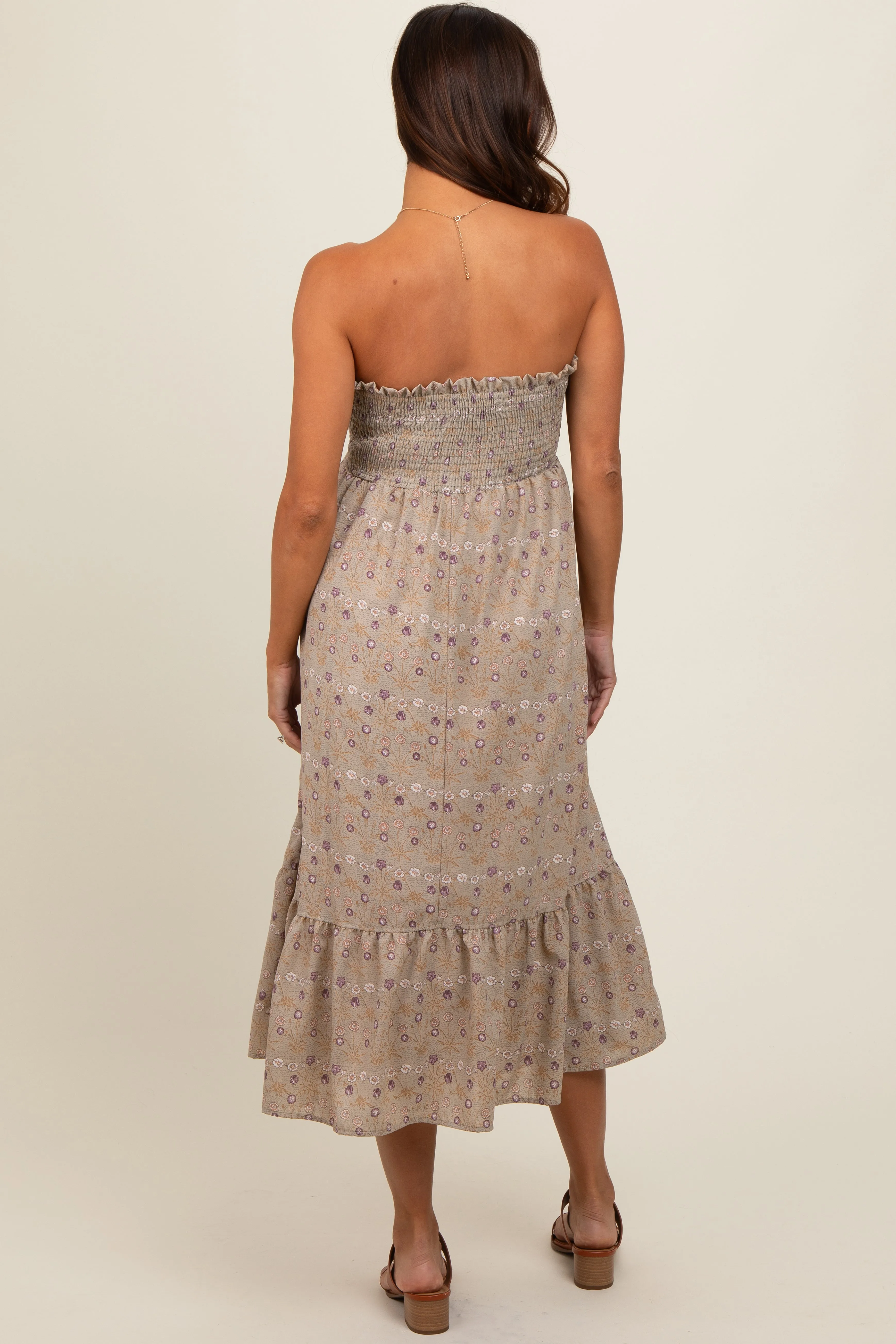 Light Olive Floral Print Smocked Bodice Tube Top Maternity Midi Dress sold by Pinkblush product image thumbnail 4