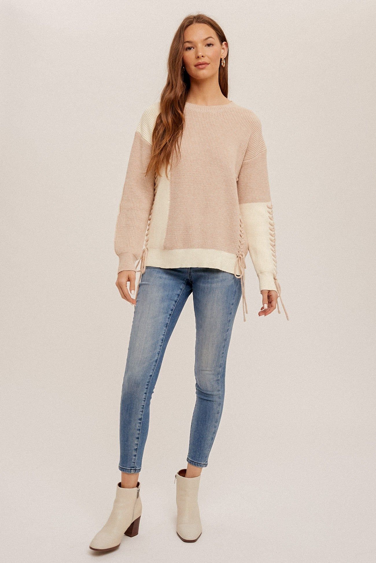 Taupe Color Block Sweater With Lace-Up Detail sold by Pinkblush product image thumbnail 4
