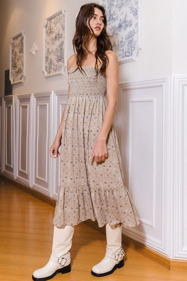 Light Olive Floral Print Smocked Bodice Tube Top Maternity Midi Dress sold by Pinkblush product image thumbnail 5