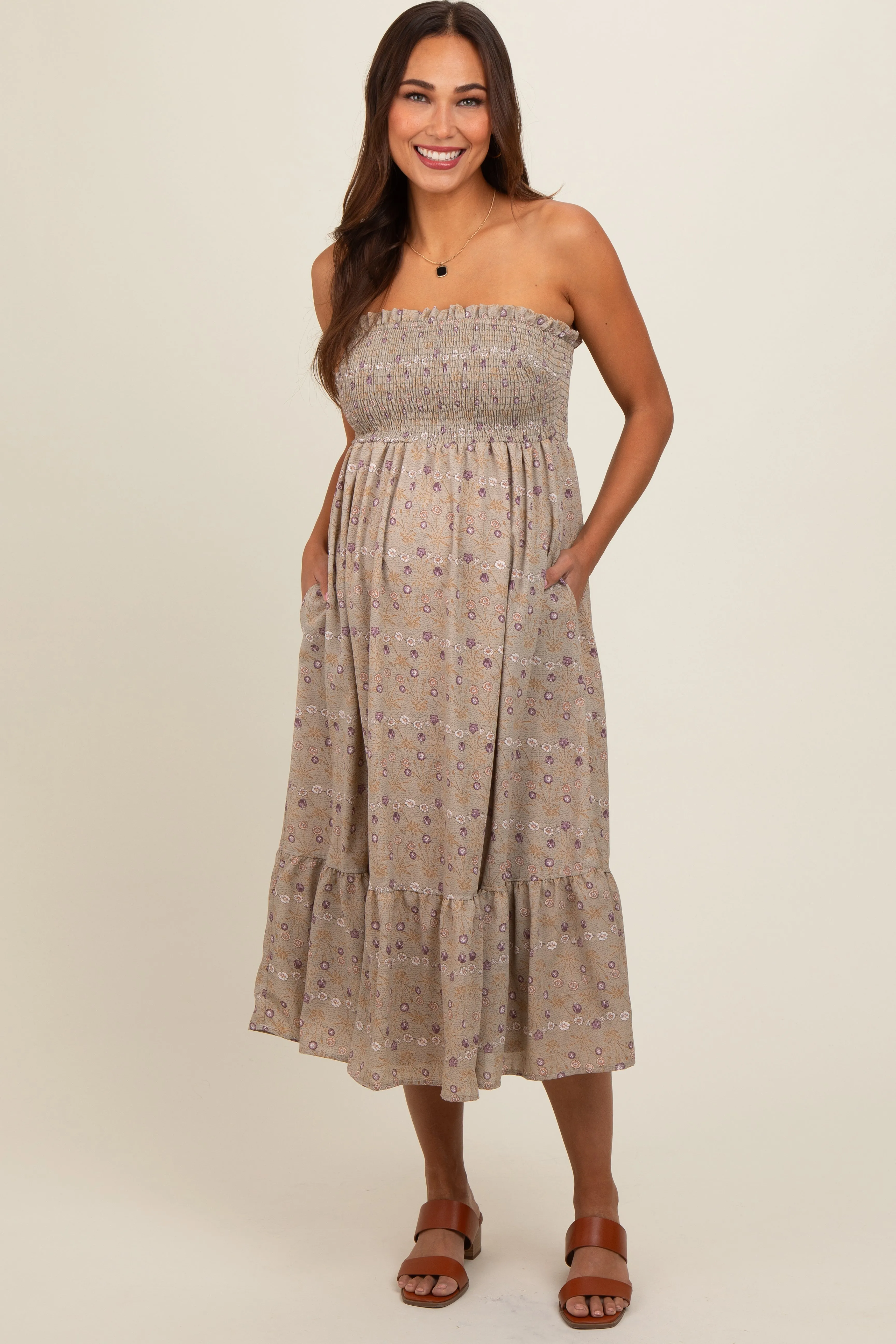 Light Olive Floral Print Smocked Bodice Tube Top Maternity Midi Dress sold by Pinkblush product image thumbnail 2