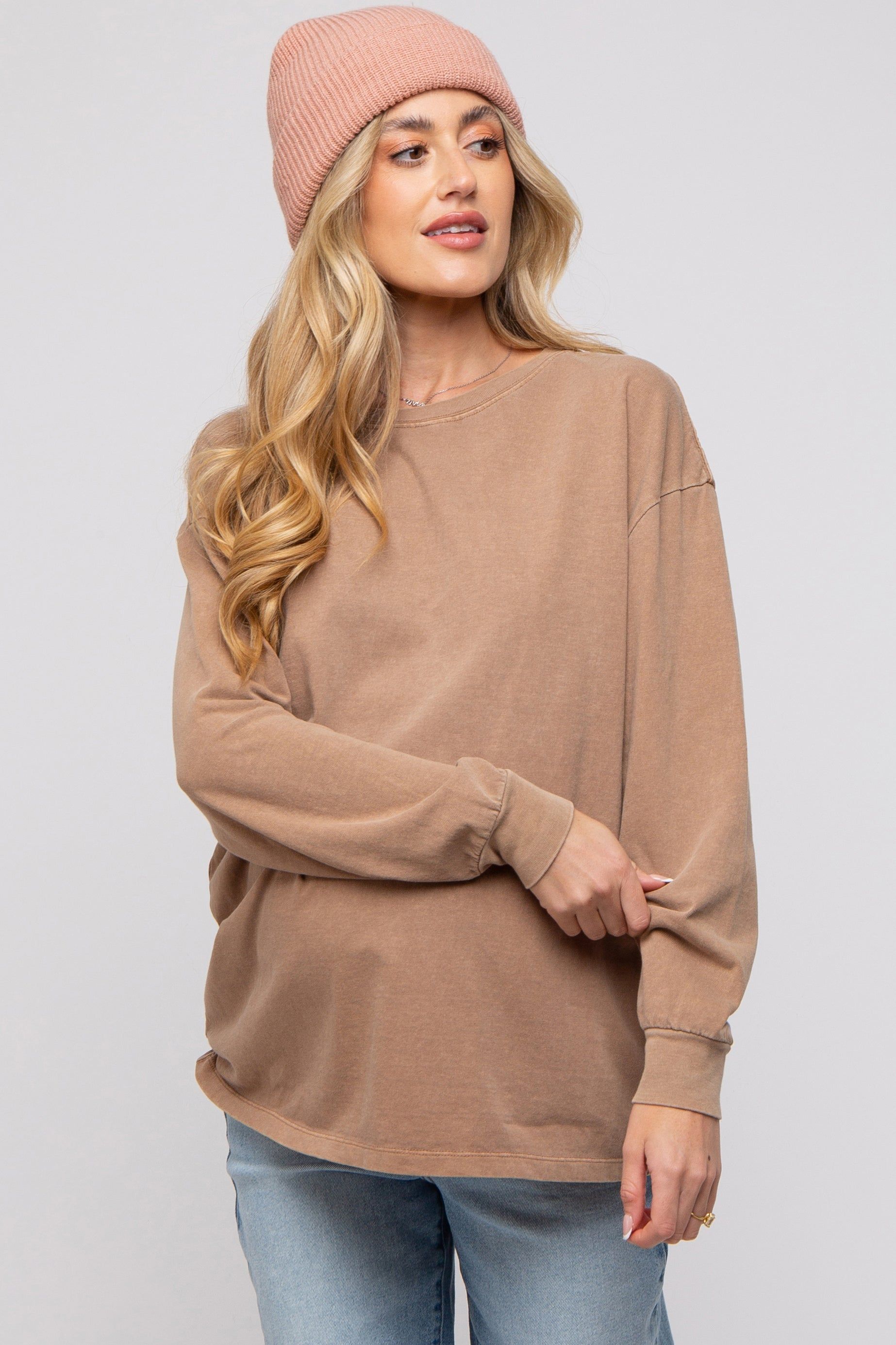 Mocha Oversized Long Sleeve Maternity Top sold by Pinkblush
