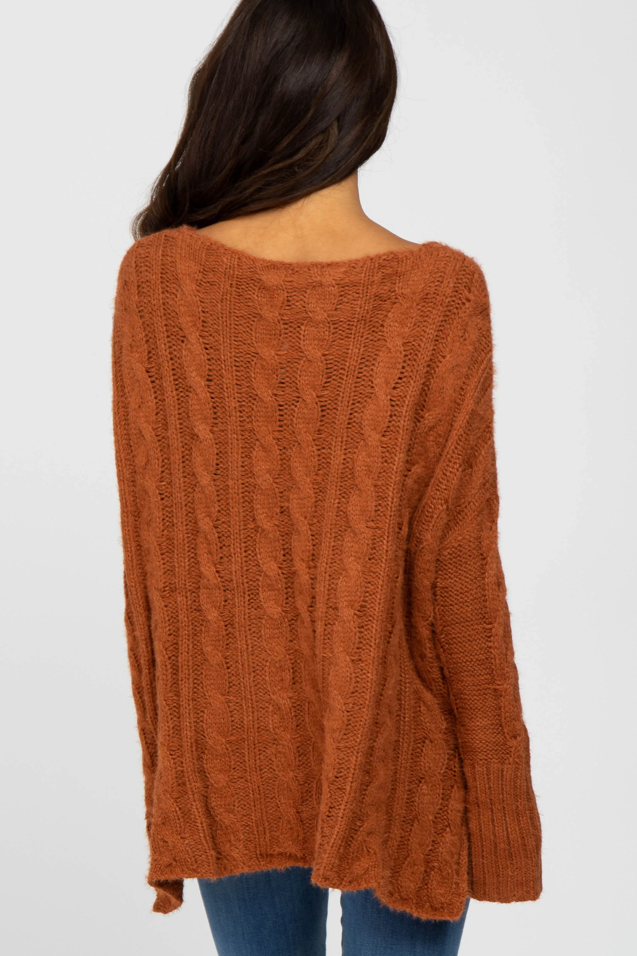 Camel V-Neck Side Slit Cable Knit Sweater sold by Pinkblush product image thumbnail 3