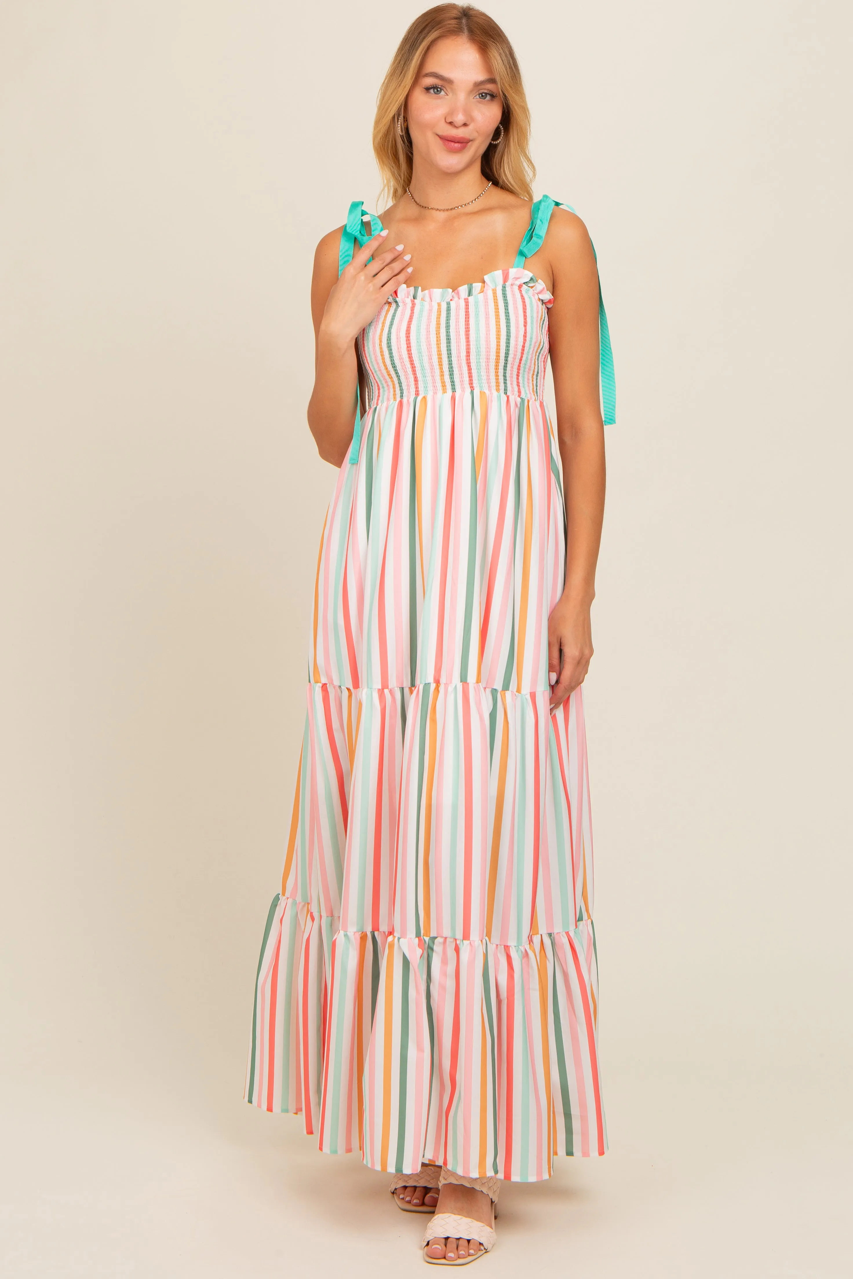 Multicolor Striped Shoulder Tie Smocked Maxi Dress sold by Pinkblush