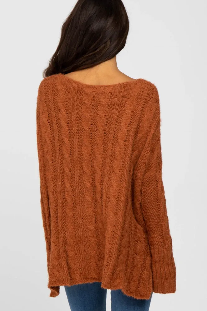 Camel V-Neck Side Slit Cable Knit Sweater sold by Pinkblush product image thumbnail 4