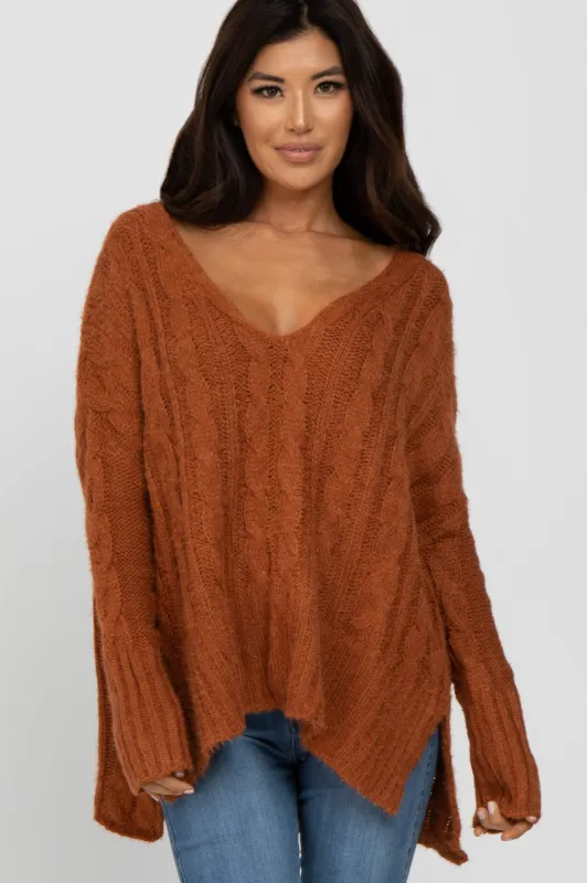 Camel V-Neck Side Slit Cable Knit Sweater sold by Pinkblush