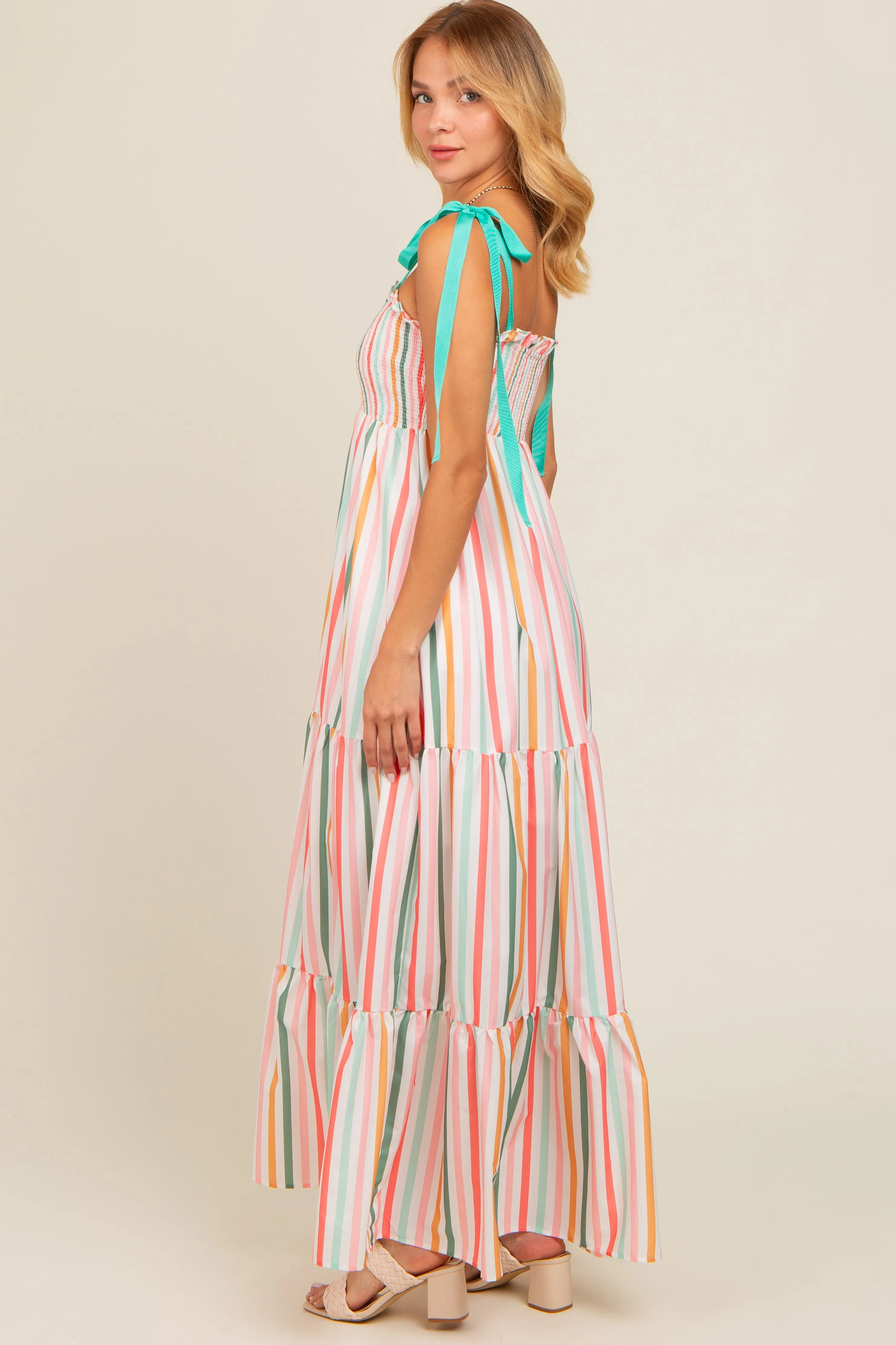 Multicolor Striped Shoulder Tie Smocked Maxi Dress sold by Pinkblush product image thumbnail 2