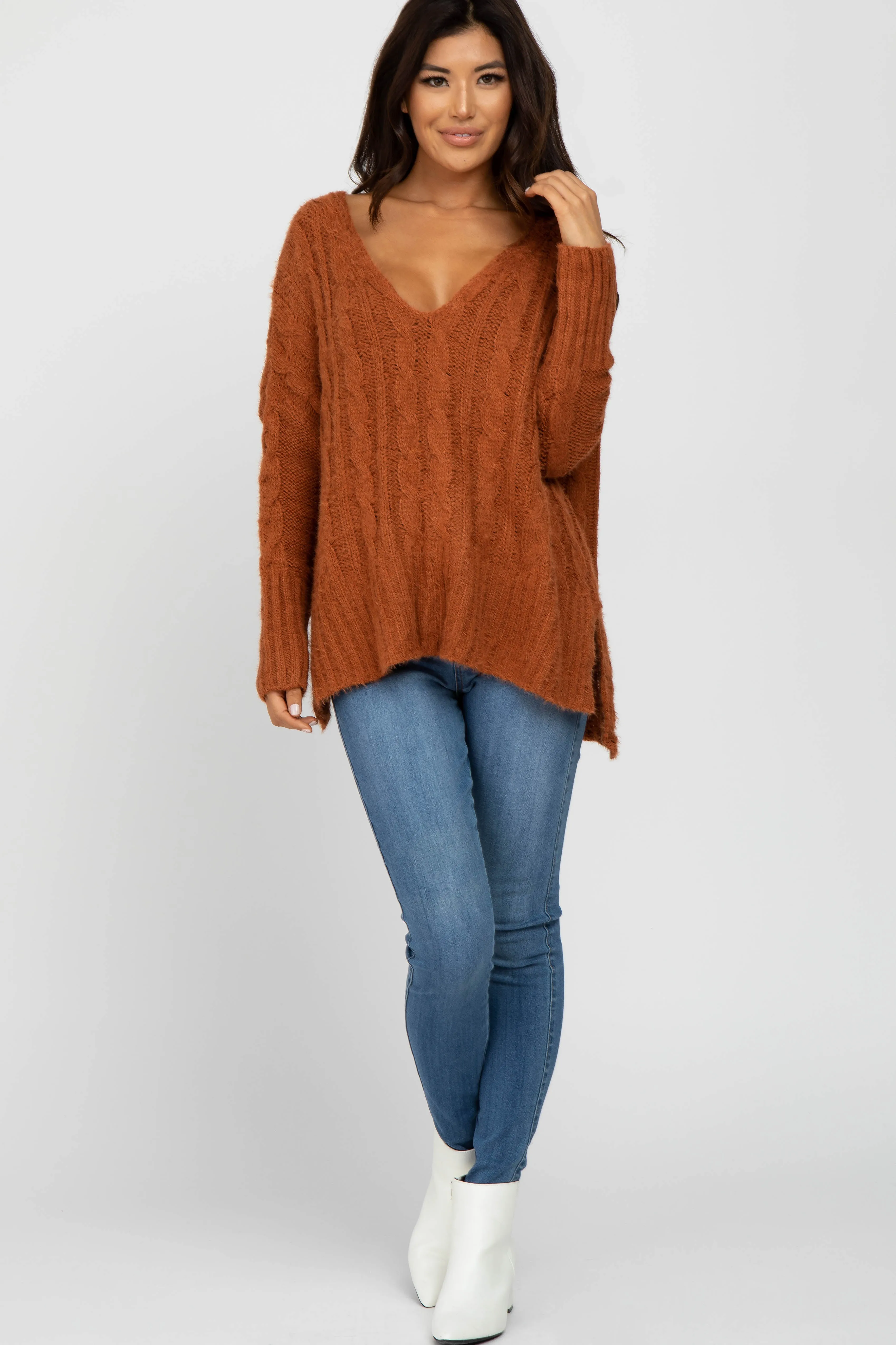 Camel V-Neck Side Slit Cable Knit Sweater sold by Pinkblush product image thumbnail 2