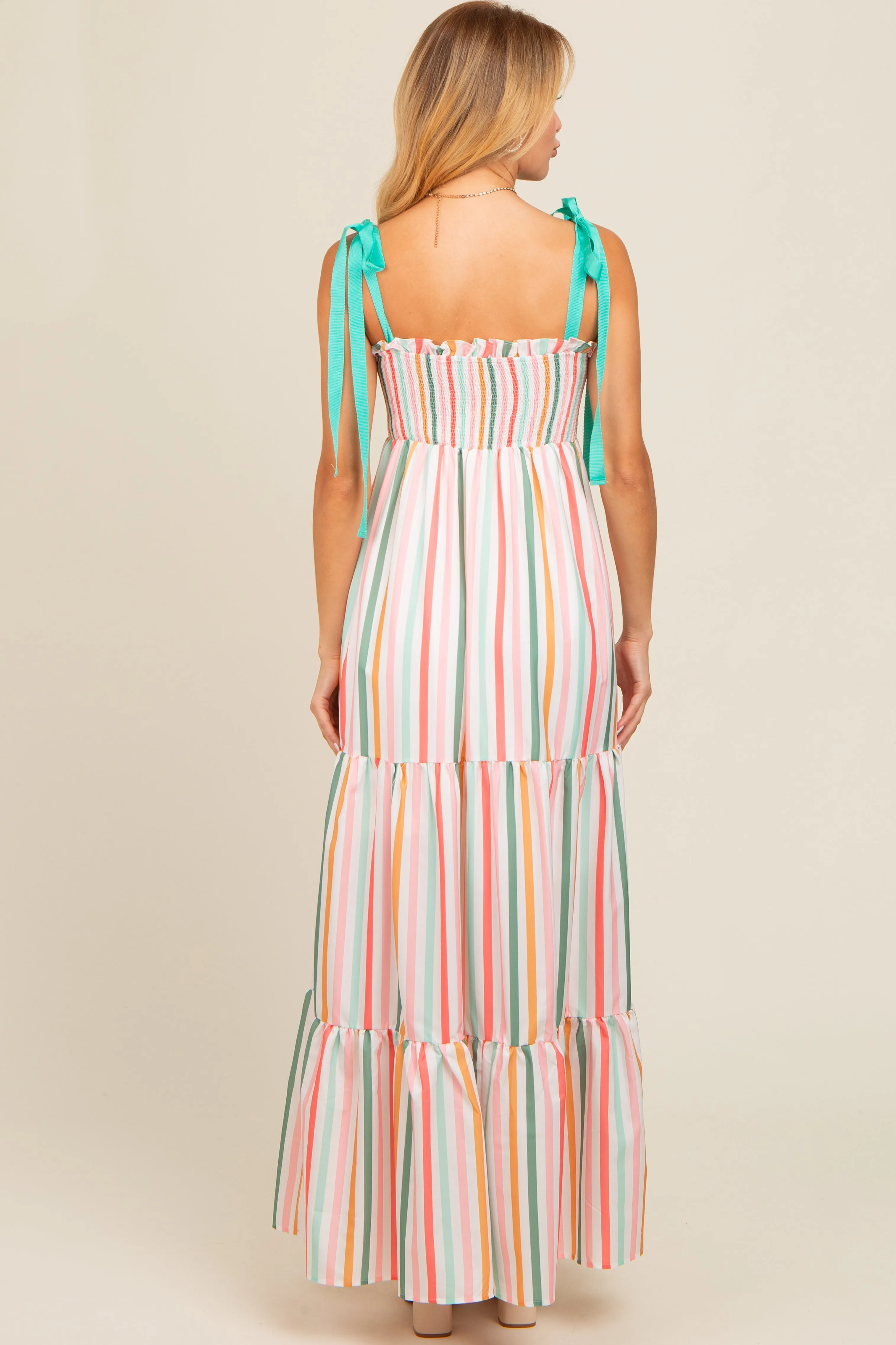 Multicolor Striped Shoulder Tie Smocked Maxi Dress sold by Pinkblush product image thumbnail 3