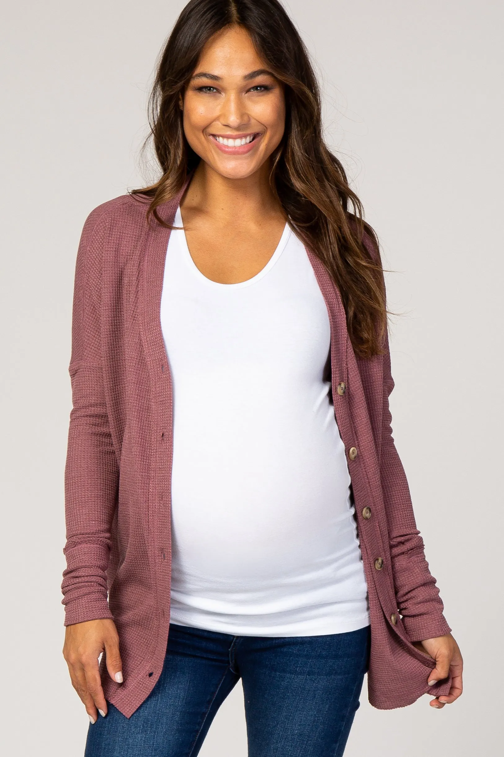 Mauve Waffle Knit Button Front Maternity Top sold by Pinkblush