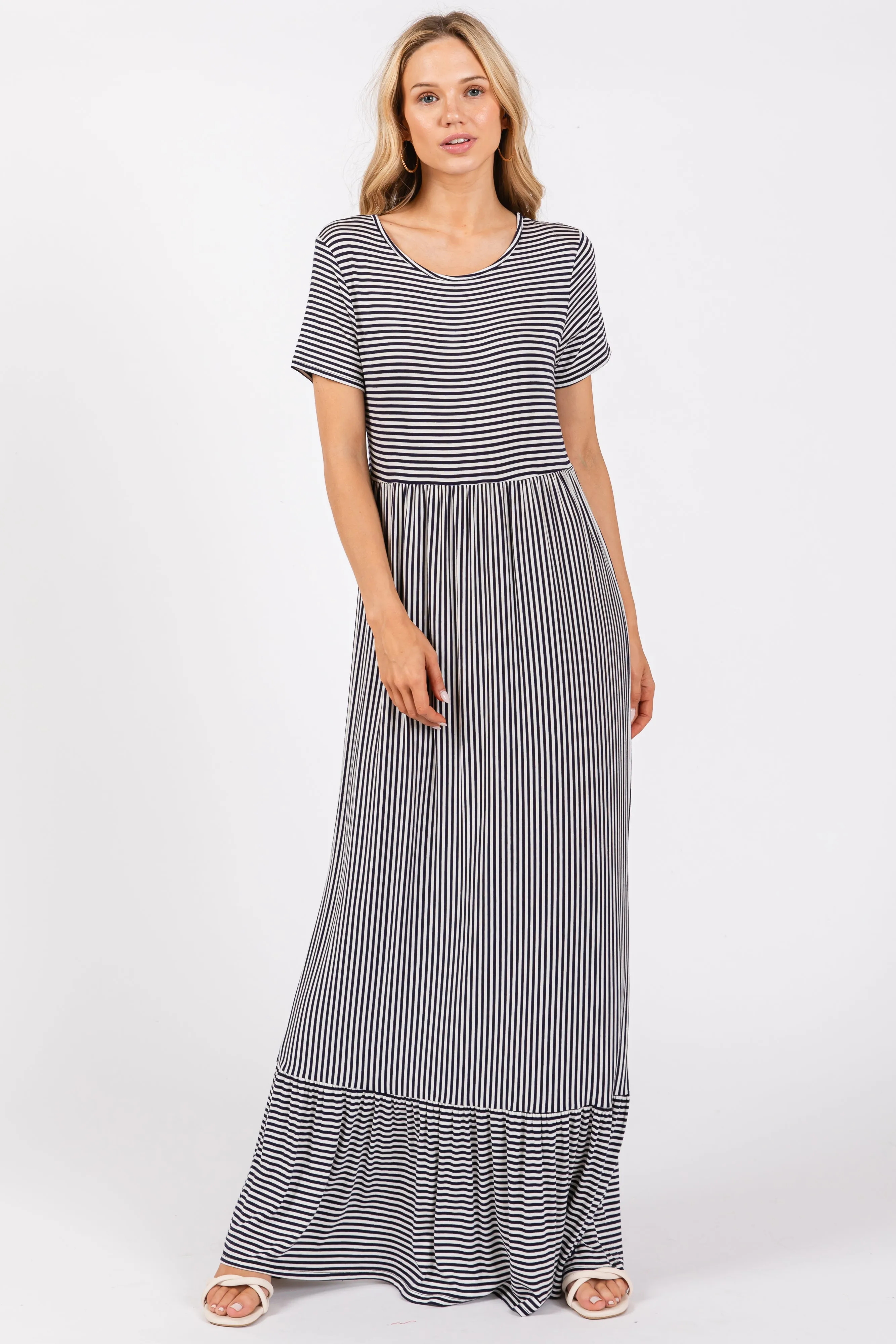 Navy Striped Short Sleeve Maxi Dress sold by Pinkblush