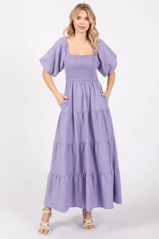 Lavender Smocked Square Neck Puff Sleeve Tiered Maxi Dress sold by Pinkblush