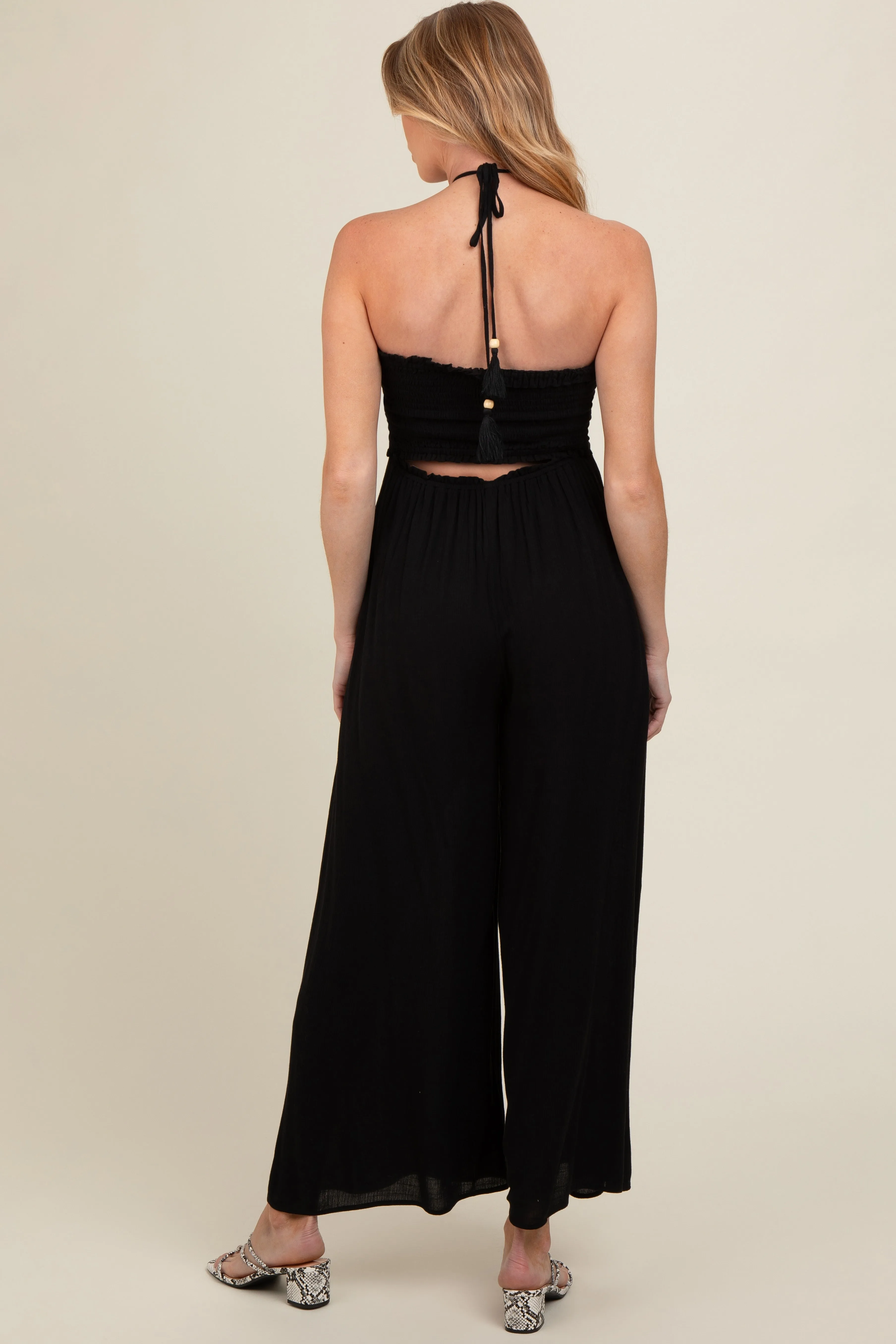 Black Back Cutout Smocked Halter Wide Leg Maternity Jumpsuit sold by Pinkblush product image thumbnail 4