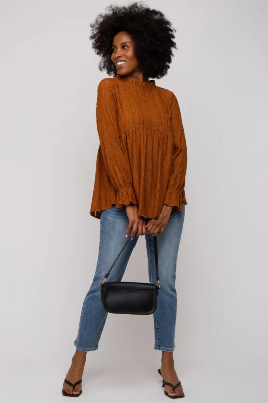 Camel Lace Ruffled Neck Top sold by Pinkblush