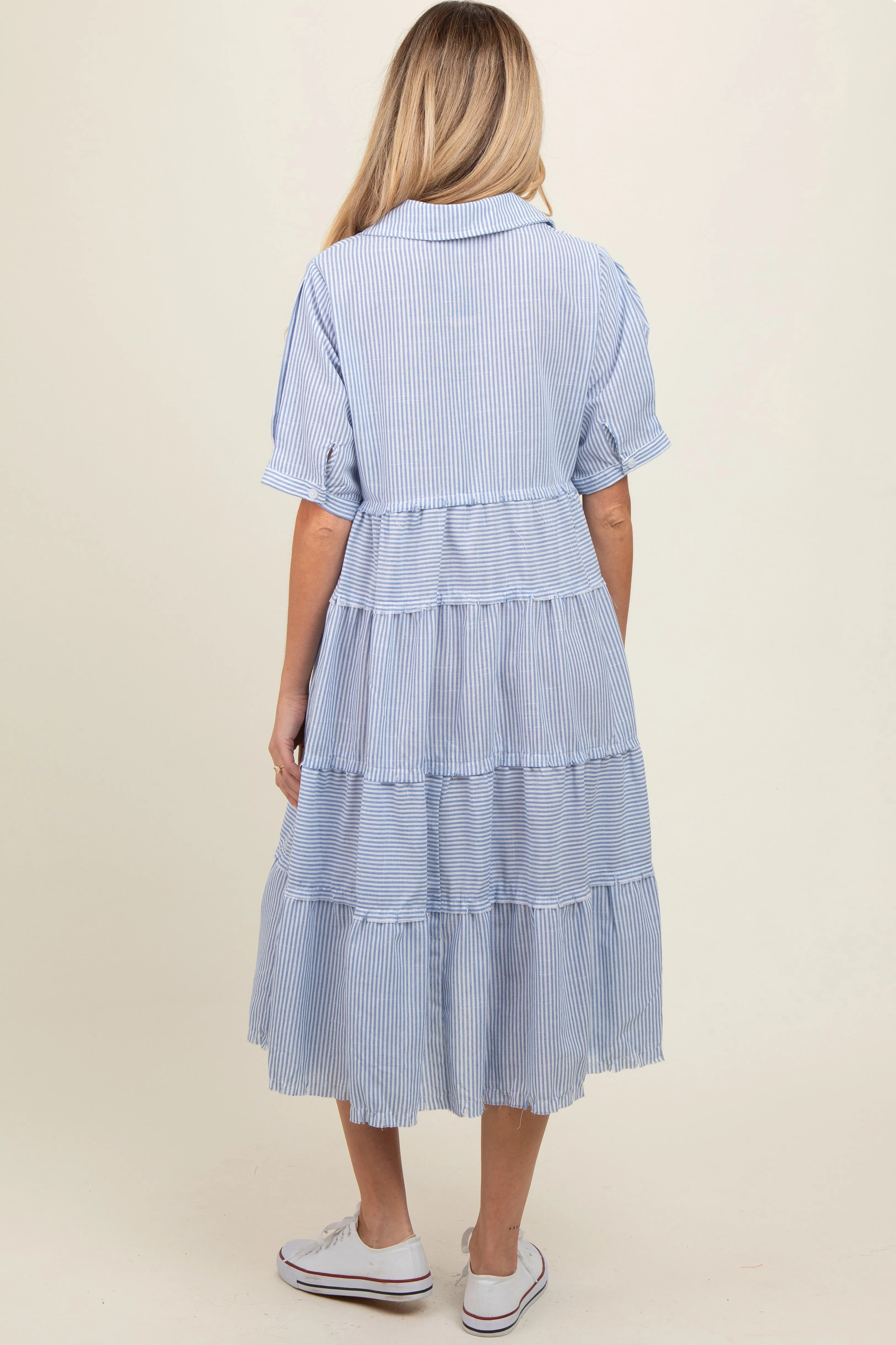 Blue Striped Tiered Raw Hem Maternity Midi Dress sold by Pinkblush product image thumbnail 3