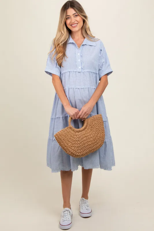 Blue Striped Tiered Raw Hem Maternity Midi Dress sold by Pinkblush