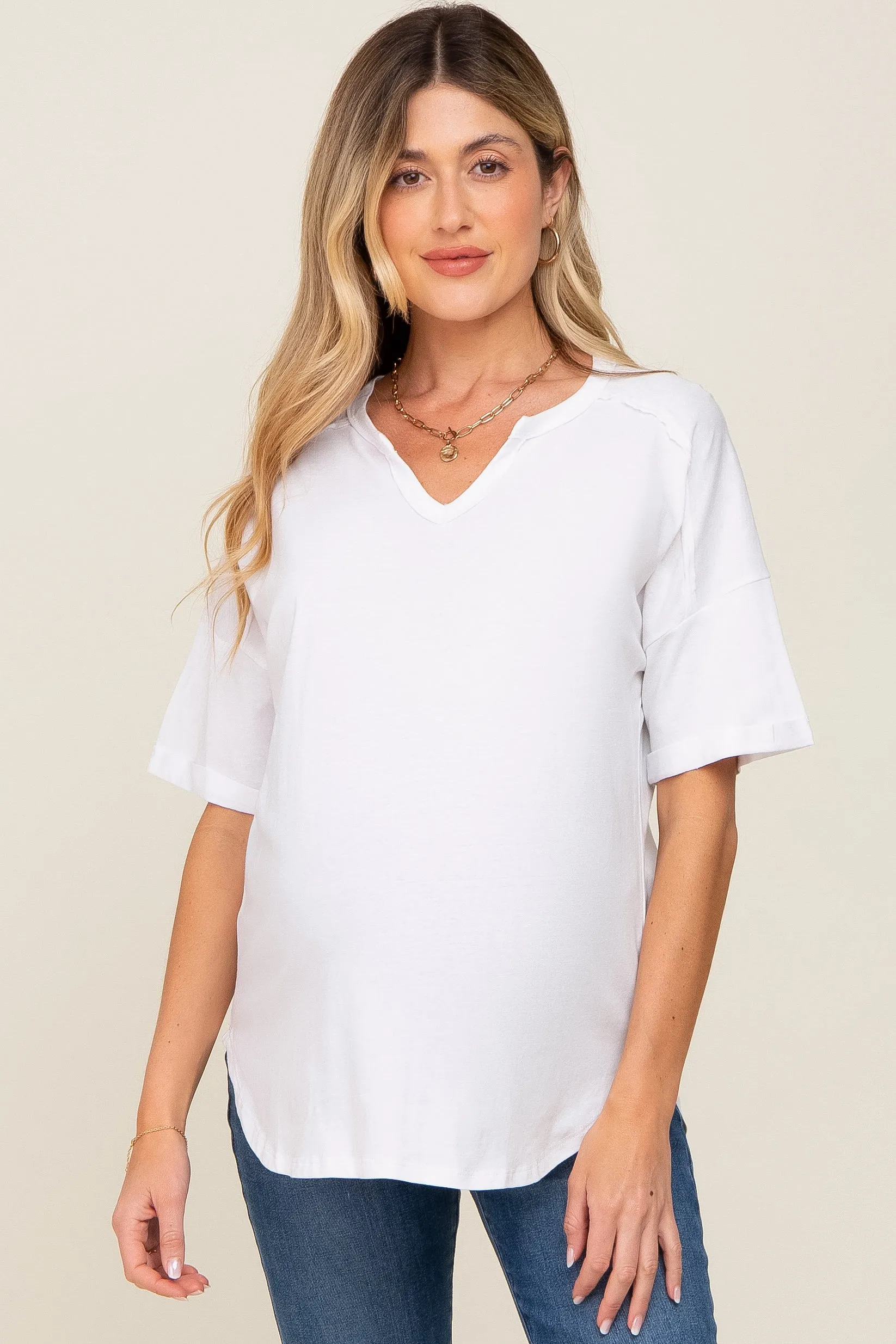 White Oversized V-Neck Cuffed Short Sleeve Maternity Tee sold by Pinkblush