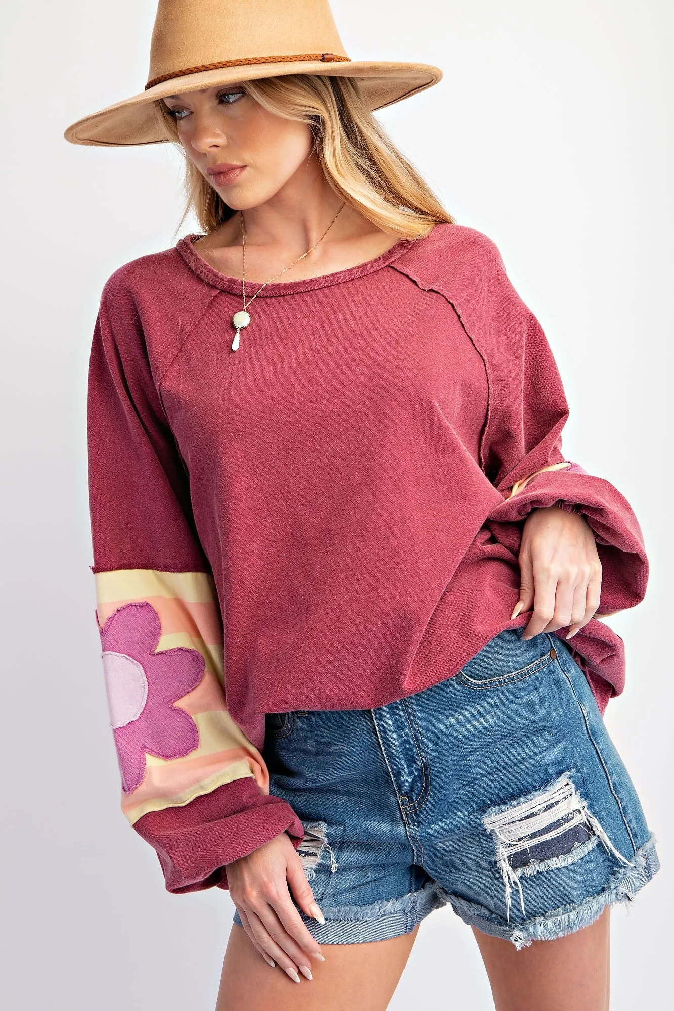 Burgundy Raw Edge Flower Patch Maternity Top sold by Pinkblush product image thumbnail 4