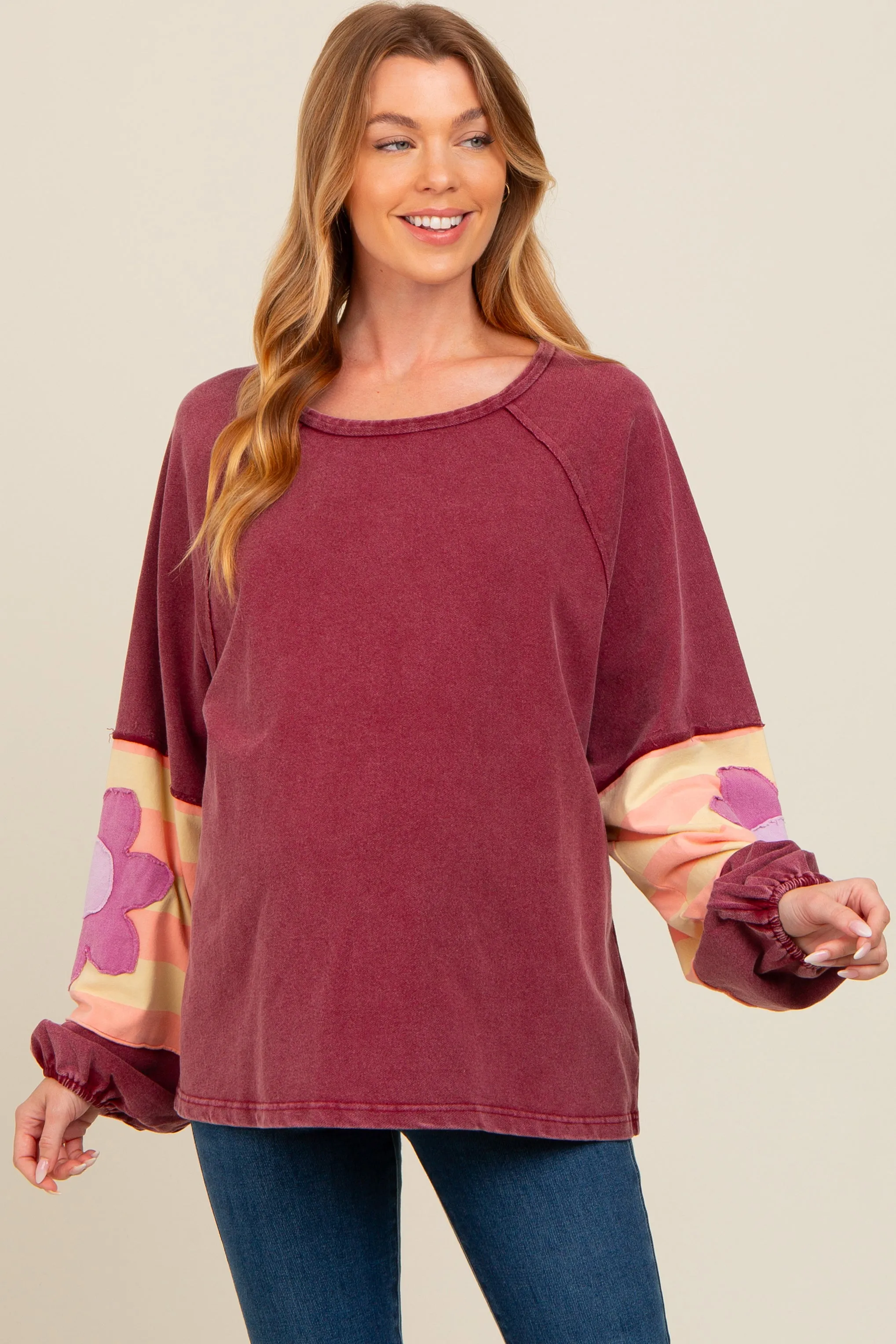 Burgundy Raw Edge Flower Patch Maternity Top sold by Pinkblush