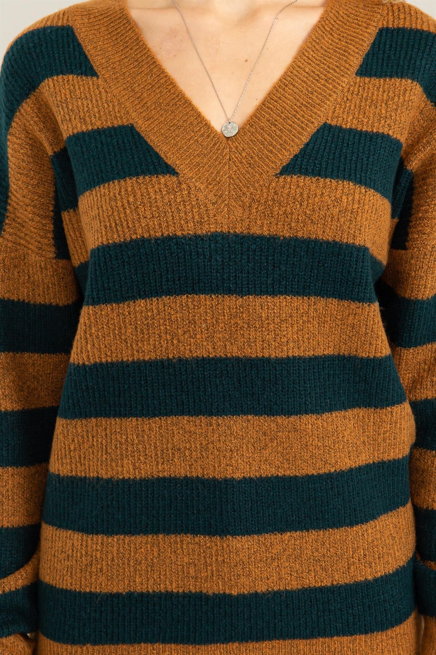 Navy Brown Oversized Striped V-Neck Sweater sold by Pinkblush product image thumbnail 5