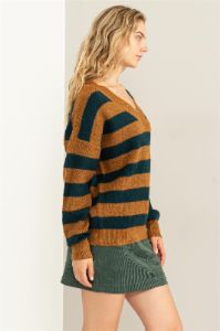 Navy Brown Oversized Striped V-Neck Sweater sold by Pinkblush