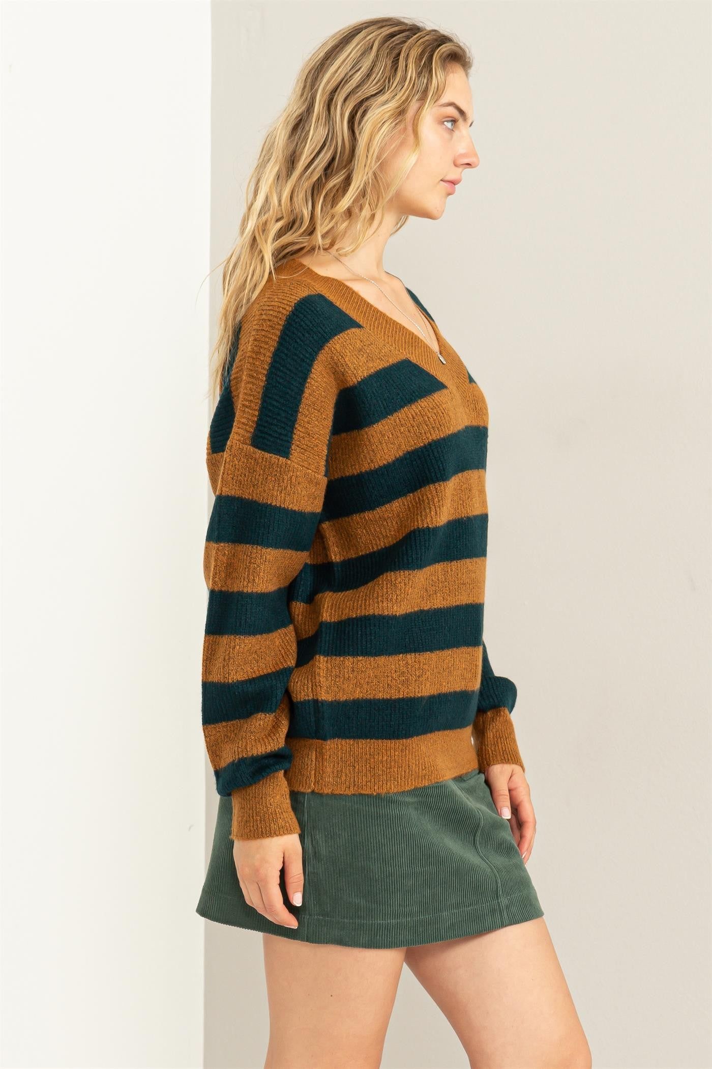 Navy Brown Oversized Striped V-Neck Sweater sold by Pinkblush product image thumbnail 2
