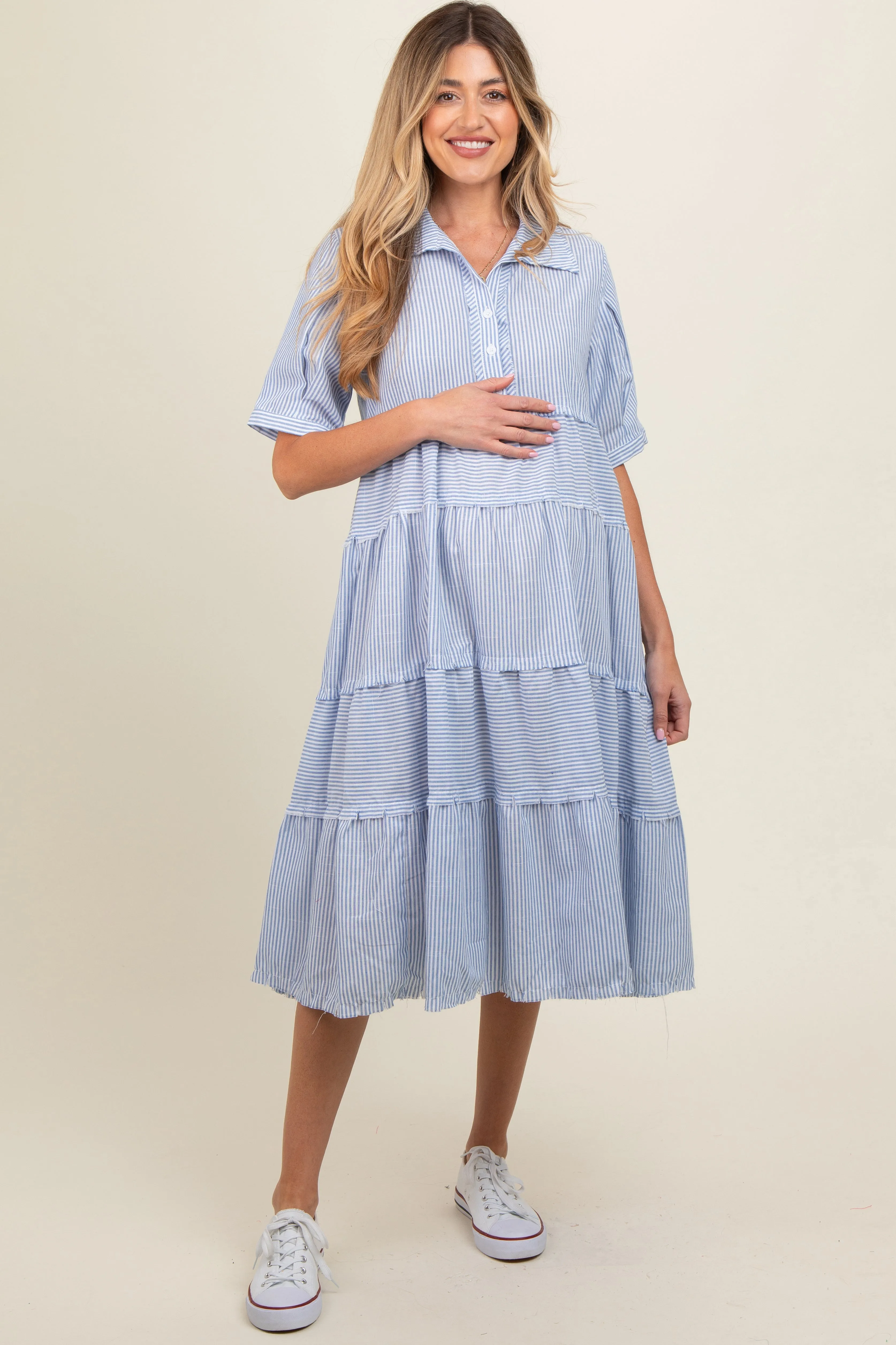 Blue Striped Tiered Raw Hem Maternity Midi Dress sold by Pinkblush product image thumbnail 2