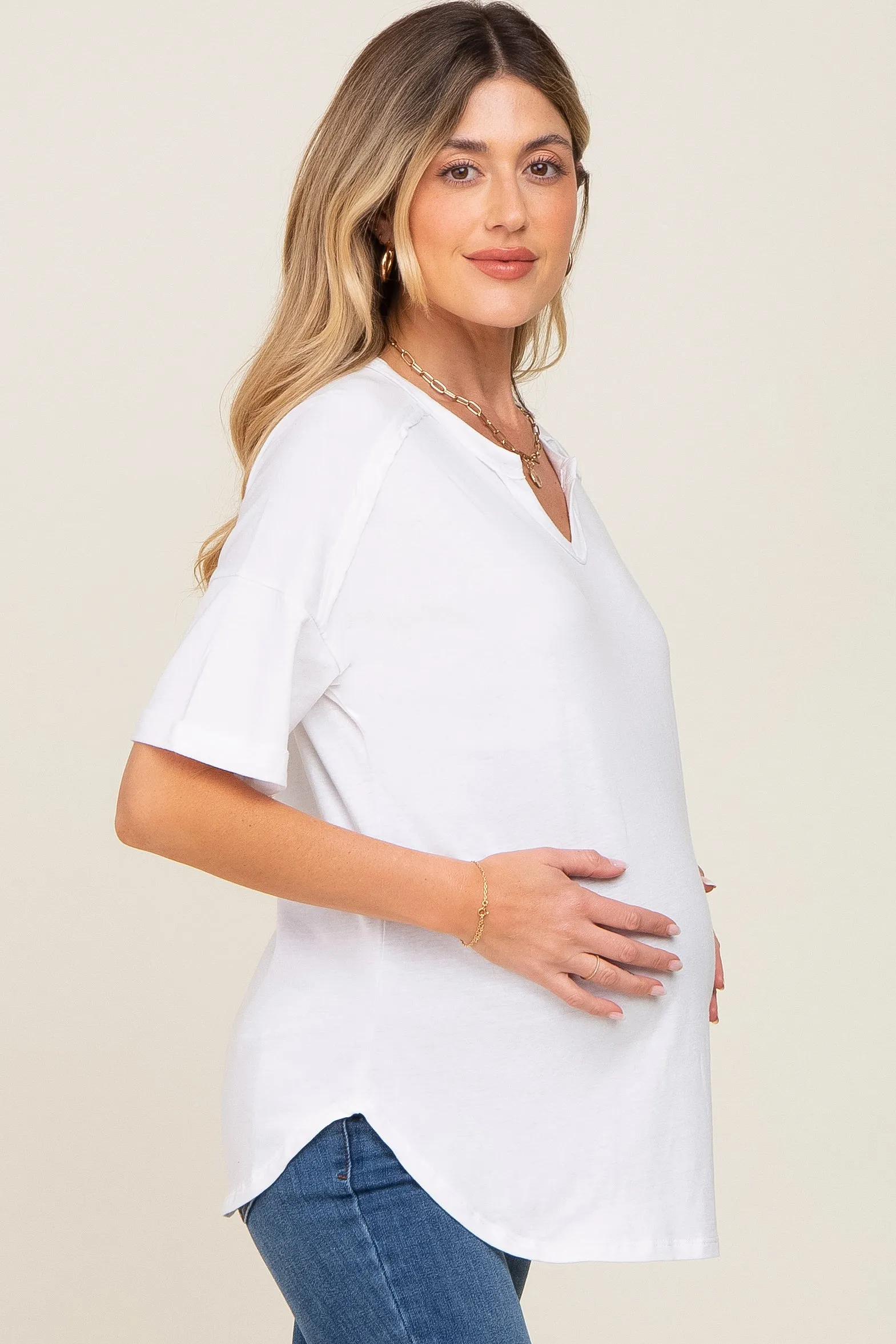 White Oversized V-Neck Cuffed Short Sleeve Maternity Tee sold by Pinkblush product image thumbnail 2