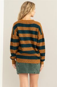 Navy Brown Oversized Striped V-Neck Sweater sold by Pinkblush