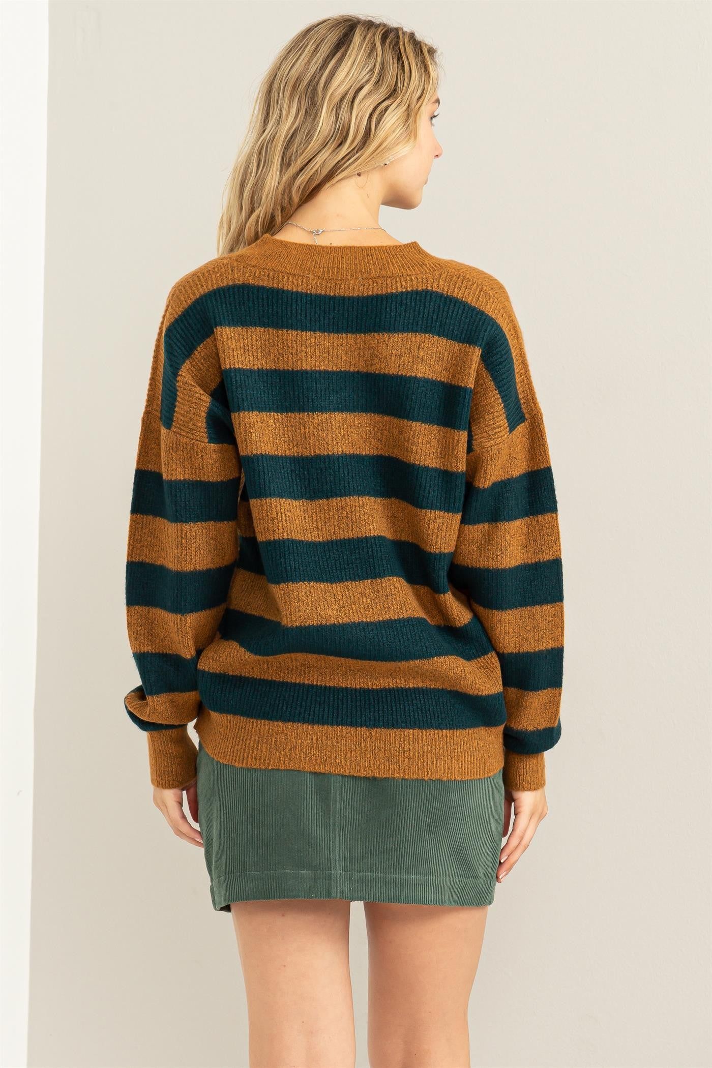 Navy Brown Oversized Striped V-Neck Sweater sold by Pinkblush product image thumbnail 3