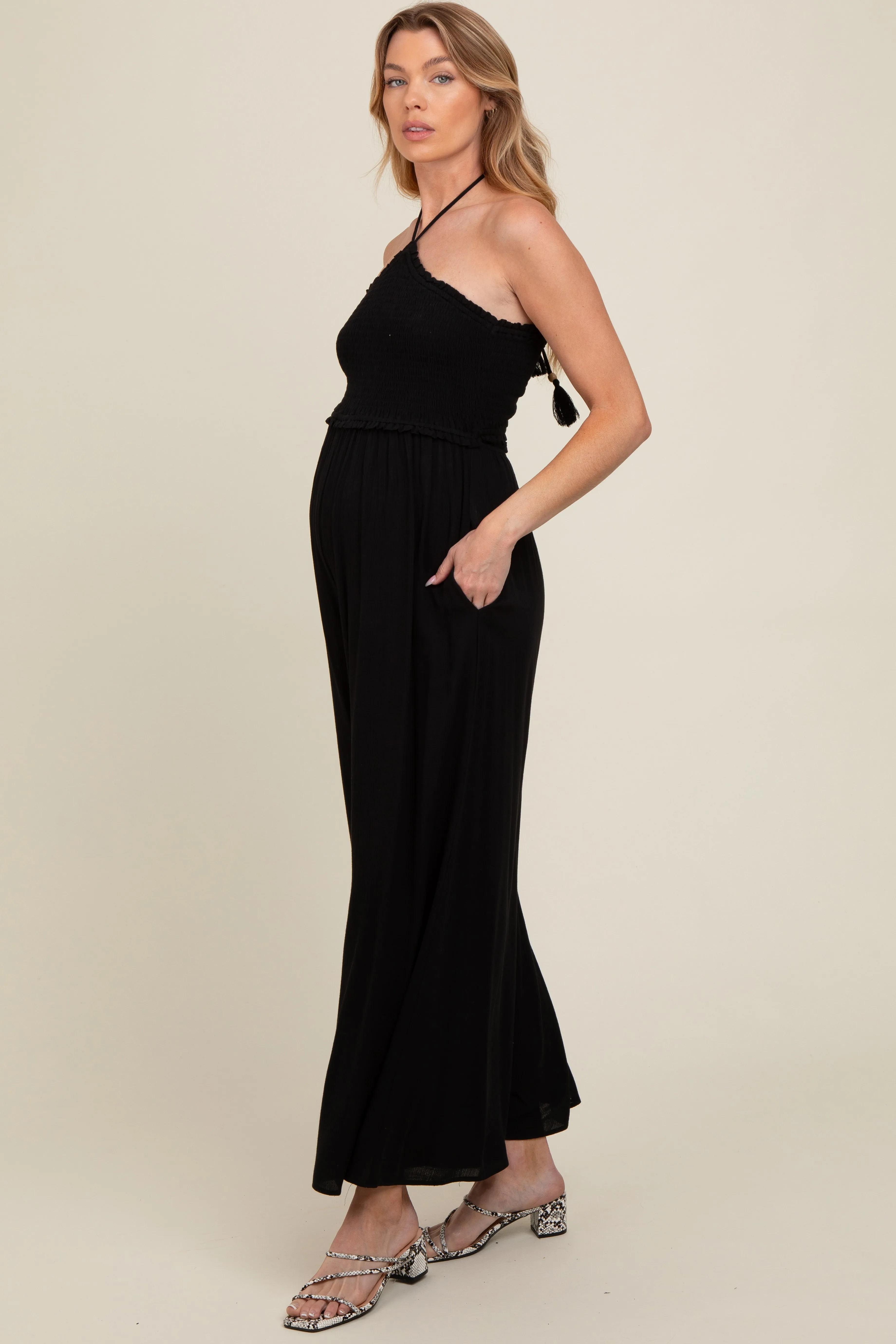 Black Back Cutout Smocked Halter Wide Leg Maternity Jumpsuit sold by Pinkblush product image thumbnail 3
