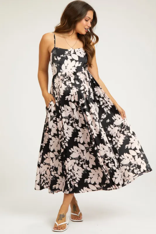Black Leaf Print Satin Square Neck Maternity Midi Dress sold by Pinkblush