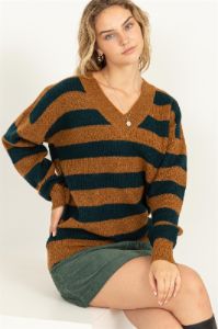 Navy Brown Oversized Striped V-Neck Sweater sold by Pinkblush