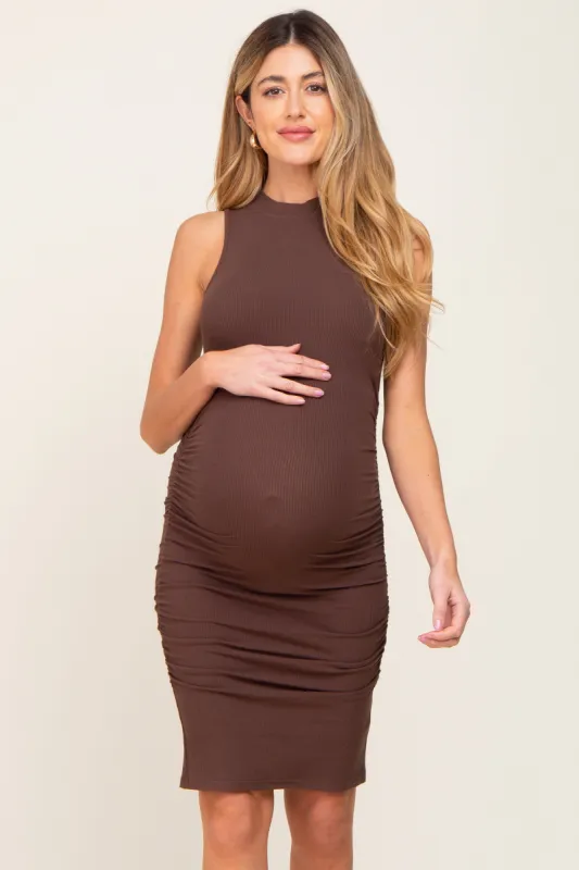 Brown Ribbed Ruched Maternity Fitted Dress sold by Pinkblush