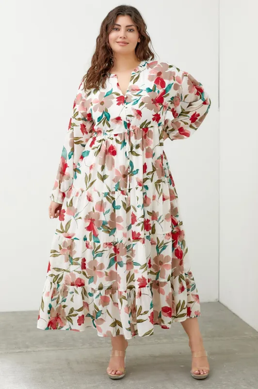 Ivory Floral Front Button Waist Tie Plus Midi Dress sold by Pinkblush