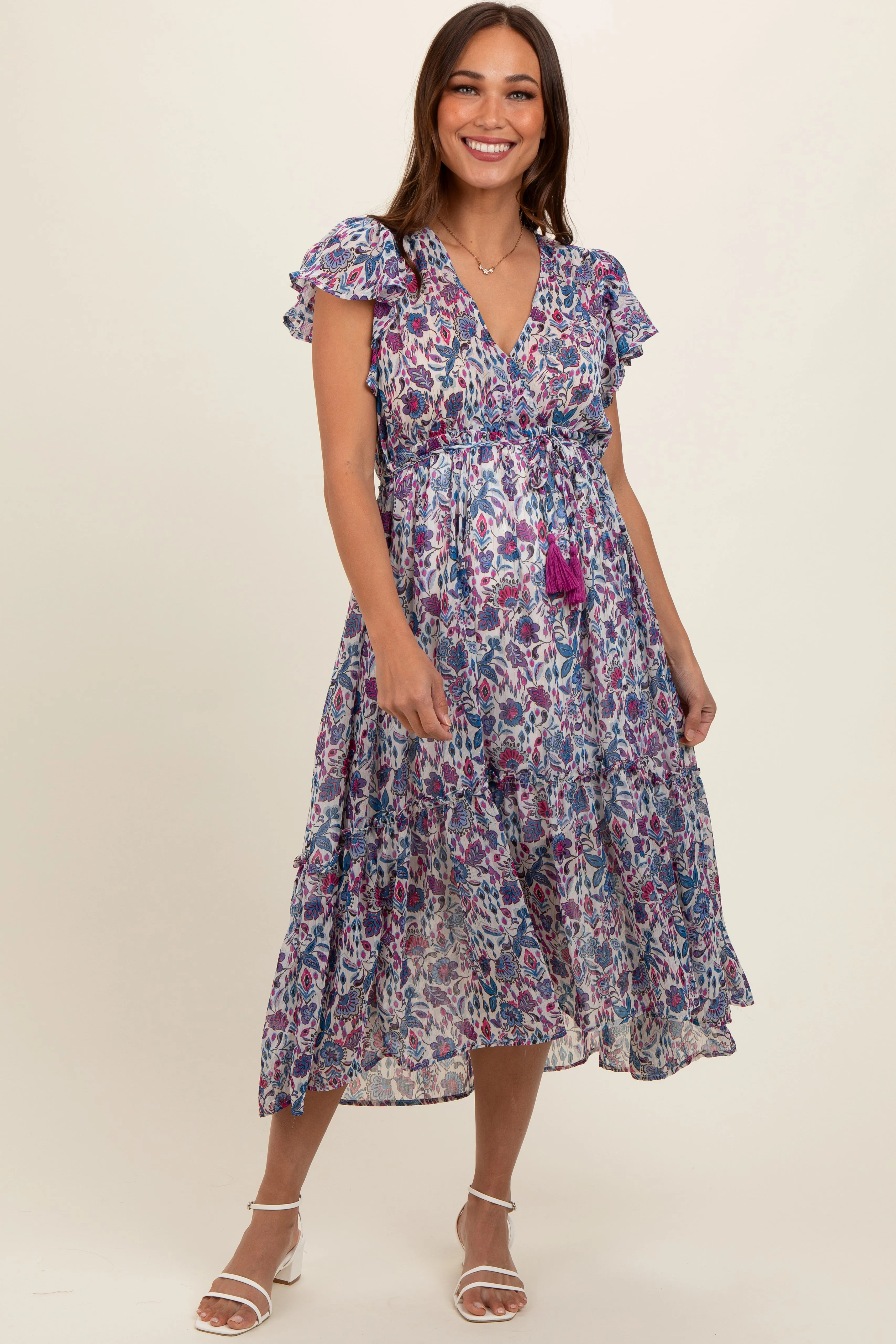 Blue Floral Chiffon Flutter Sleeve Ruffle Hem Maternity Midi Dress sold by Pinkblush product image thumbnail 2
