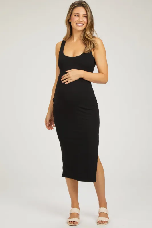Black Ribbed Knit Sleeveless Side Slit Maternity Dress sold by Pinkblush