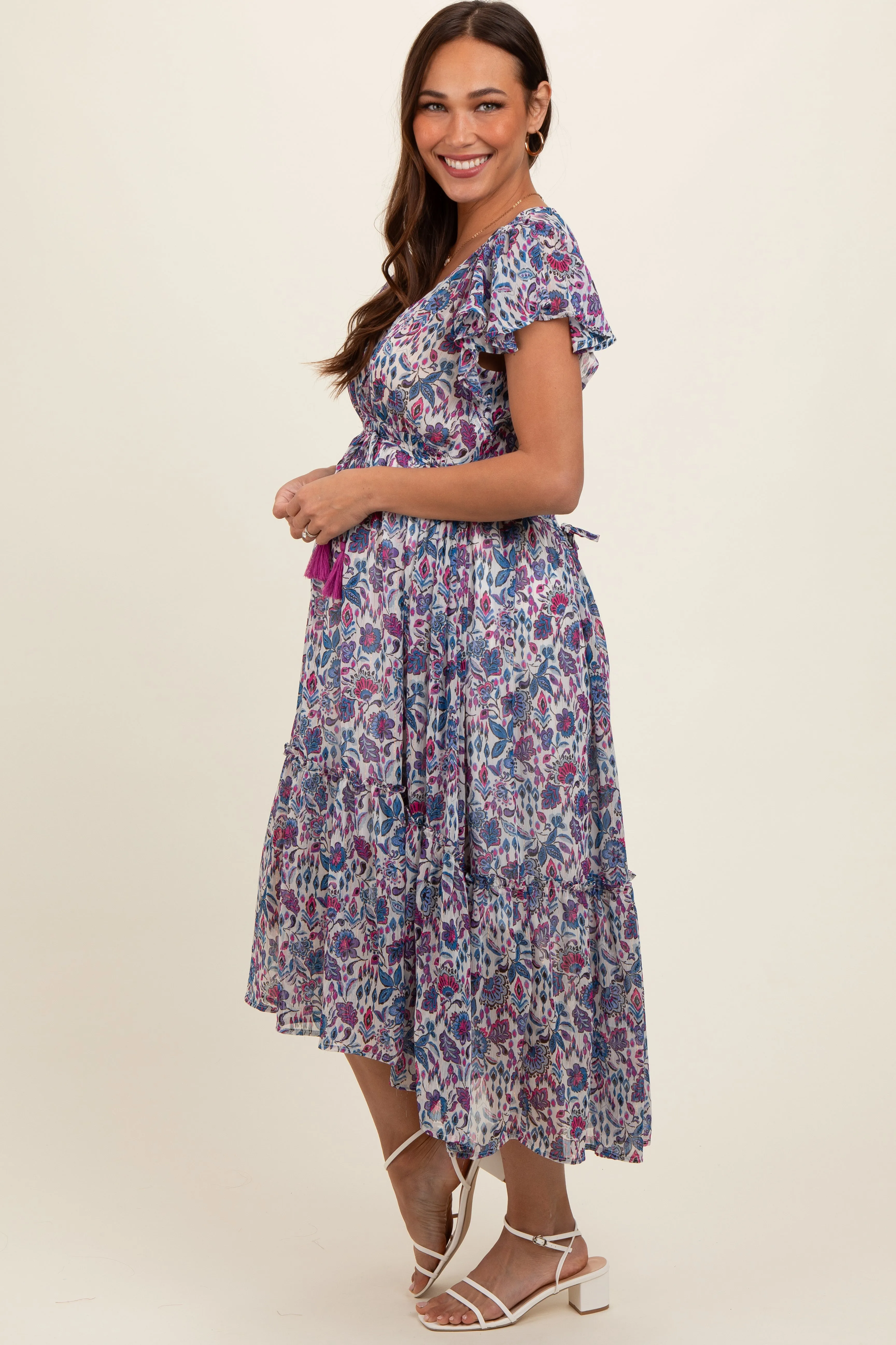Blue Floral Chiffon Flutter Sleeve Ruffle Hem Maternity Midi Dress sold by Pinkblush product image thumbnail 3